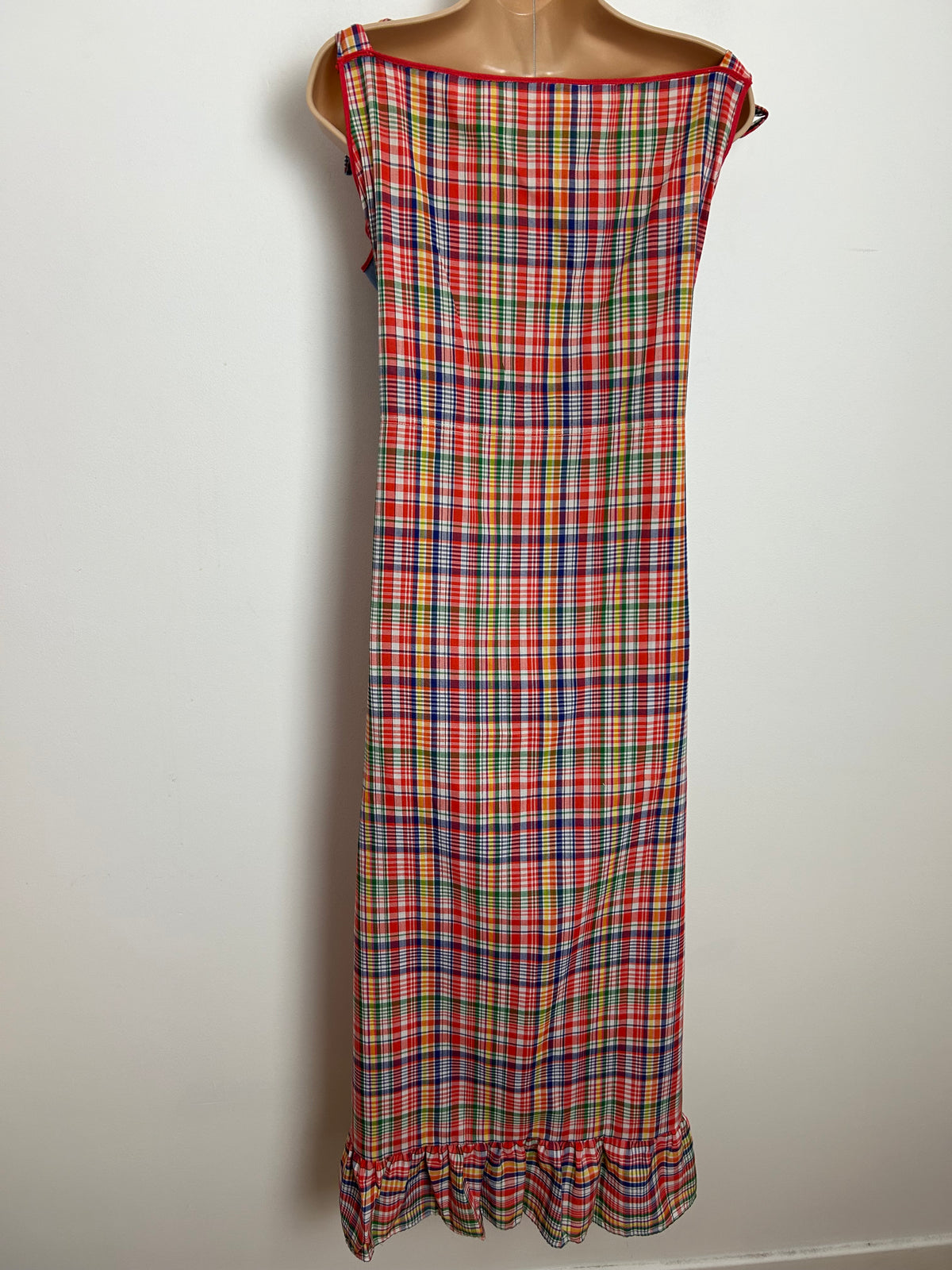 Vintage 1970s Size 12 Red Blue Green & White Check Print Tie Shoulder Summer Festival Holiday Smock Dress