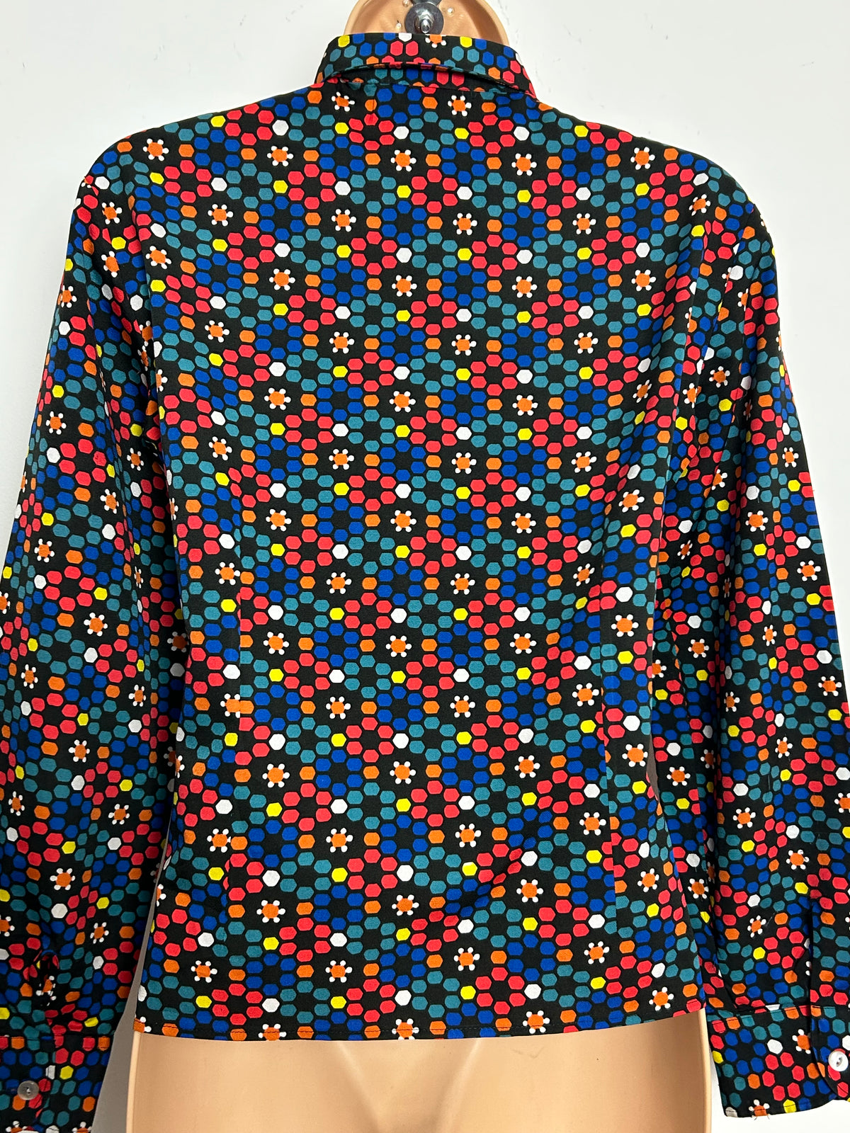 Vintage 1970s PARISIAN Size 8-10 Black Multicolour Abstract Print Beagle Collar Shirt