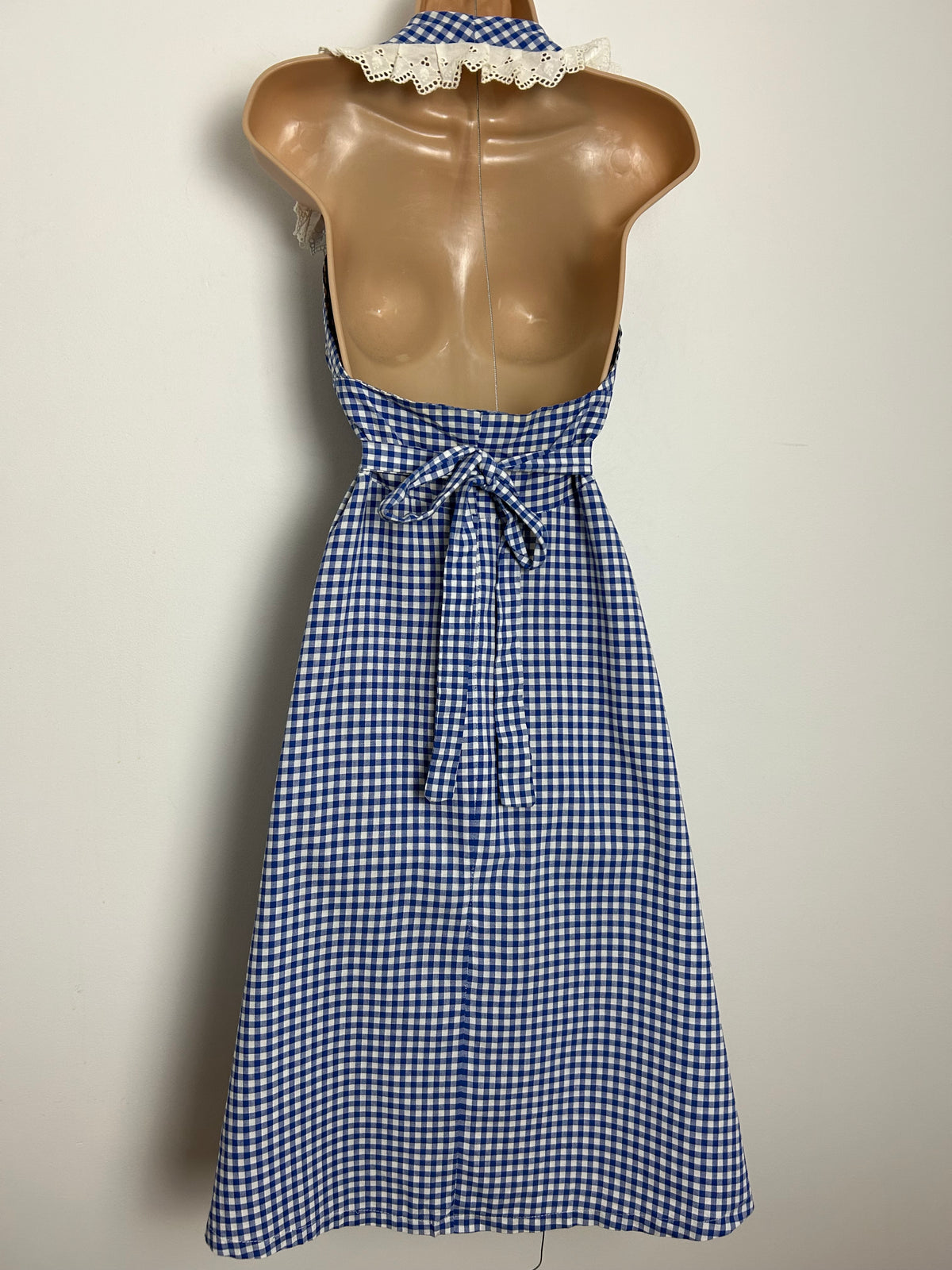 Vintage 1970s Size 6-8 Blue & White Gingham Check Lace Trim Open Back Tie Back Midi Cotton Summer Dress
