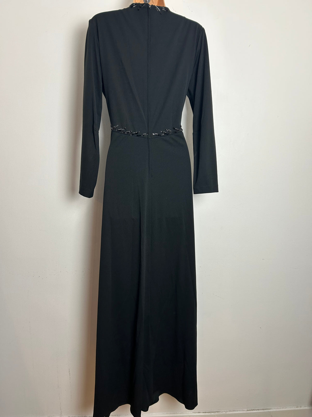 Vintage 1970s TRINA LEWIS & MARJON COUTURE Size Black Sequin & Bead Detail Long Sleeve Evening Maxi Dress