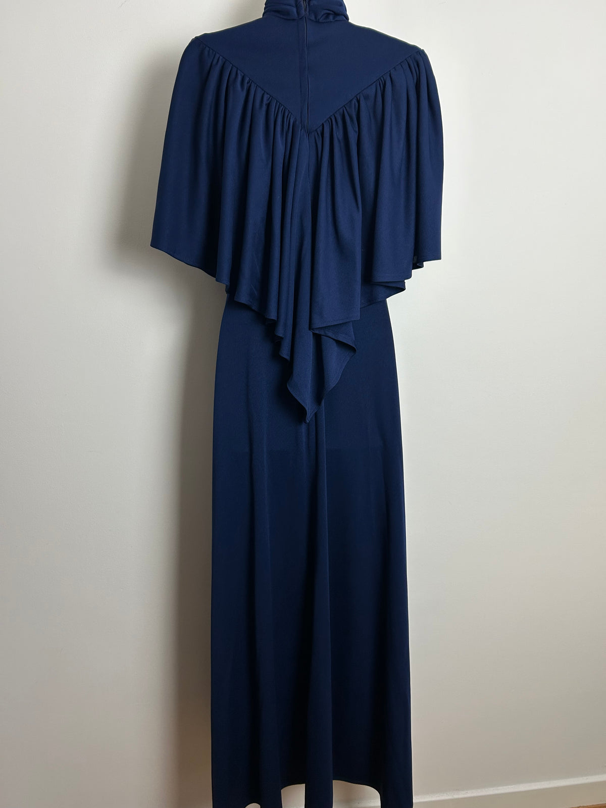 Vintage 1970s C&A Size 10 Navy Blue Cape Sleeve Bertha Collar Evening Occasion Maxi Dress