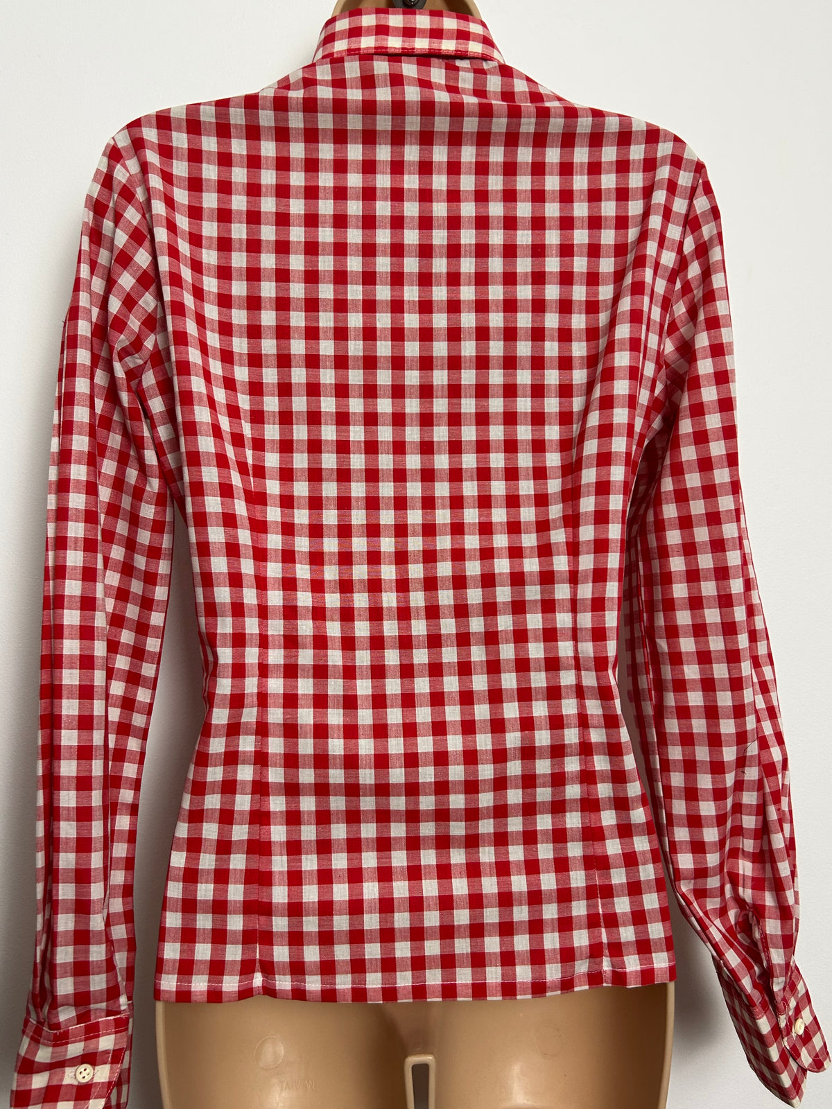 Vintage 1970s Size 12 Red & White Gingham Check Dagger Collar Cotton Shirt