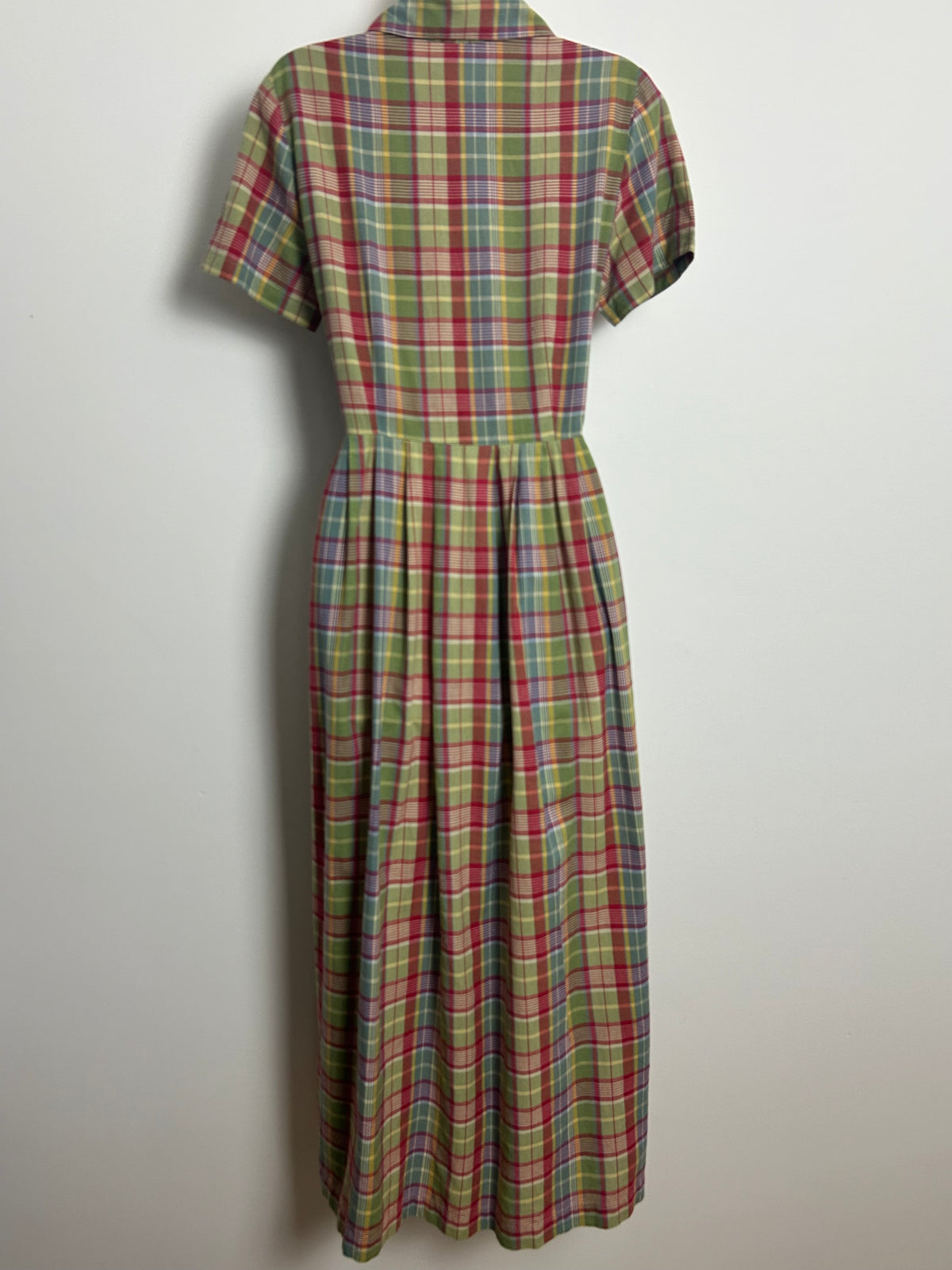 Vintage 1980s LAURA ASHLEY Size 12 Green Red & Blue Check Print Cotton Maxi Dress