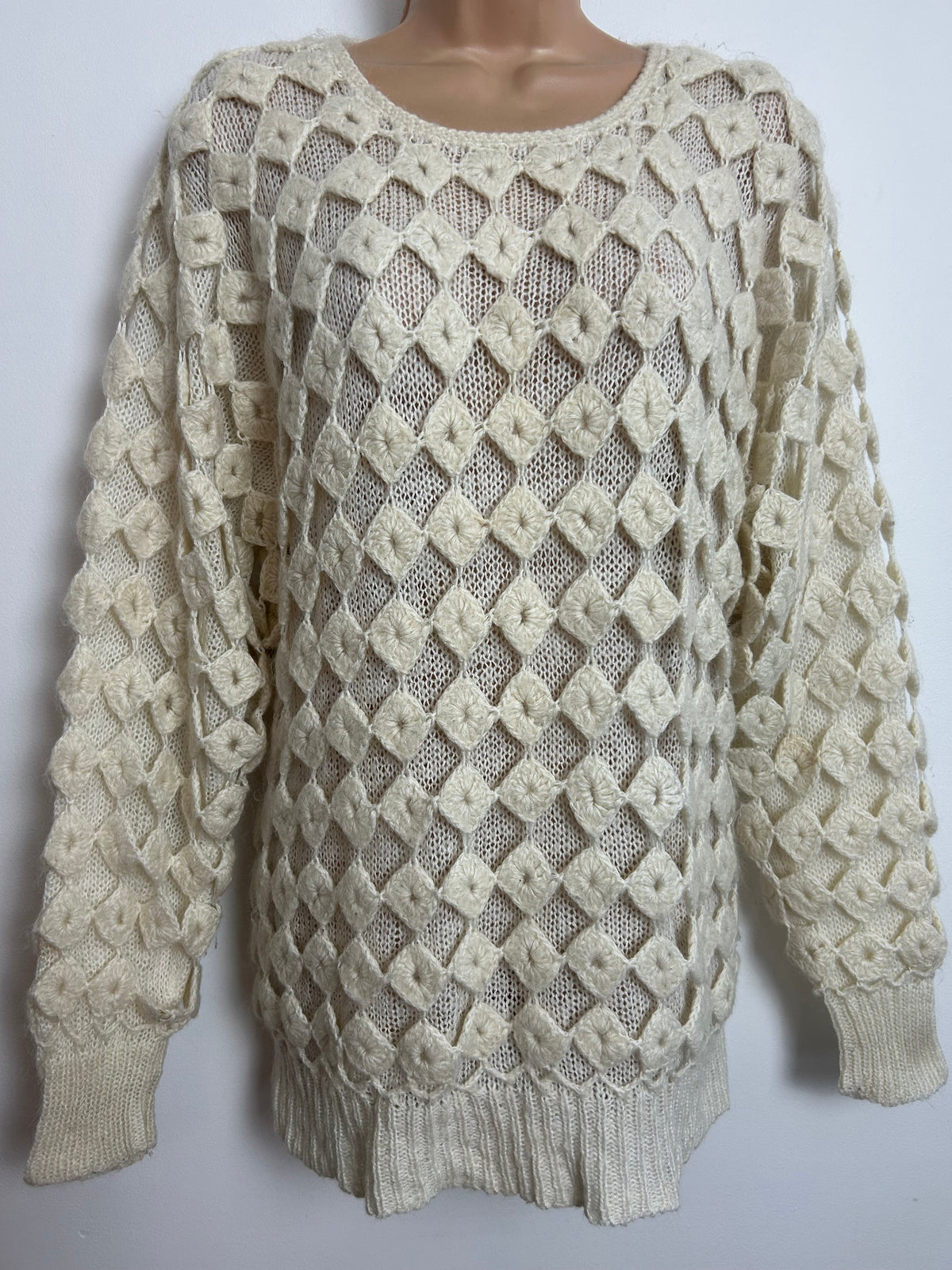 Vintage 1980s Up To Size 14 Cream Double Layer Diamond Cut Out Outer Layer Slouchy Jumper