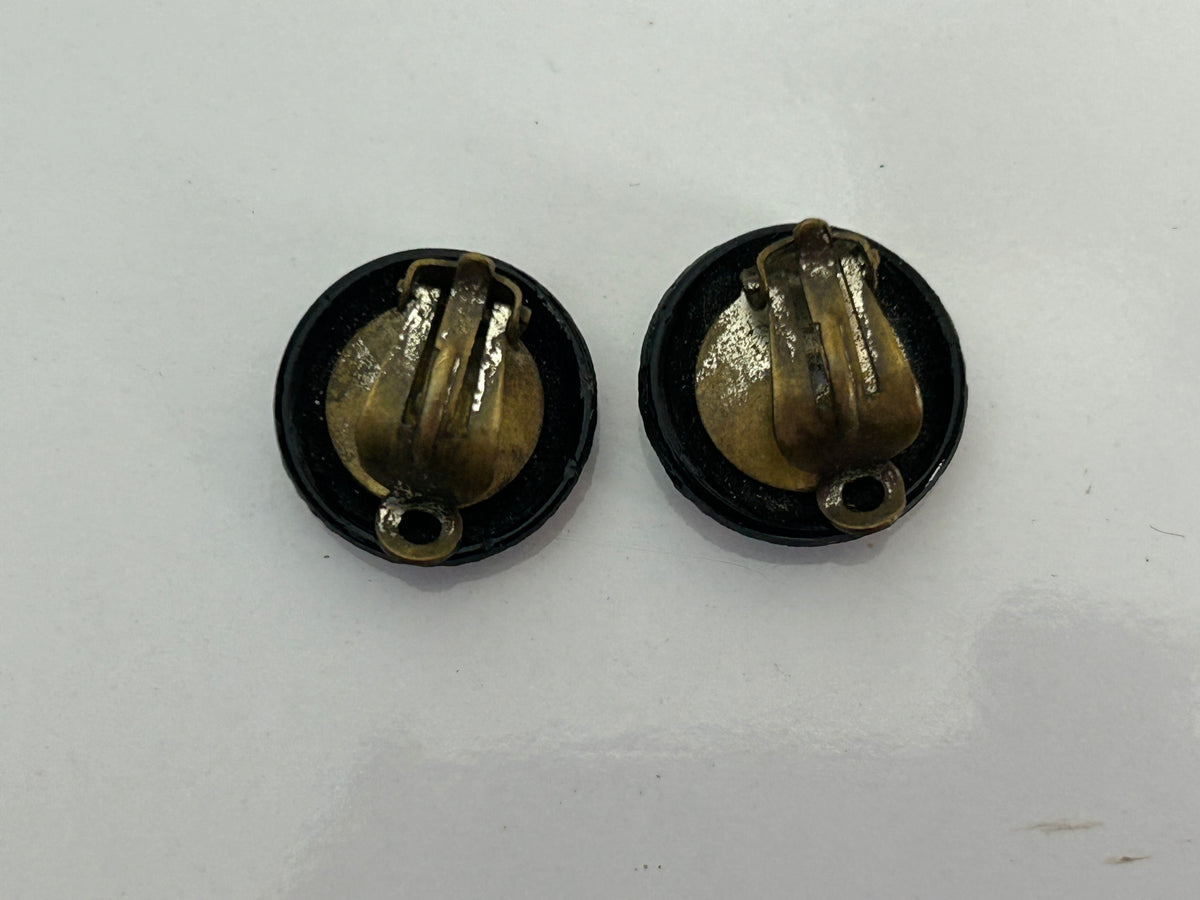 Vintage 1960s Cute Metal Pink & Green Iridescent Flower Clip On Earrings