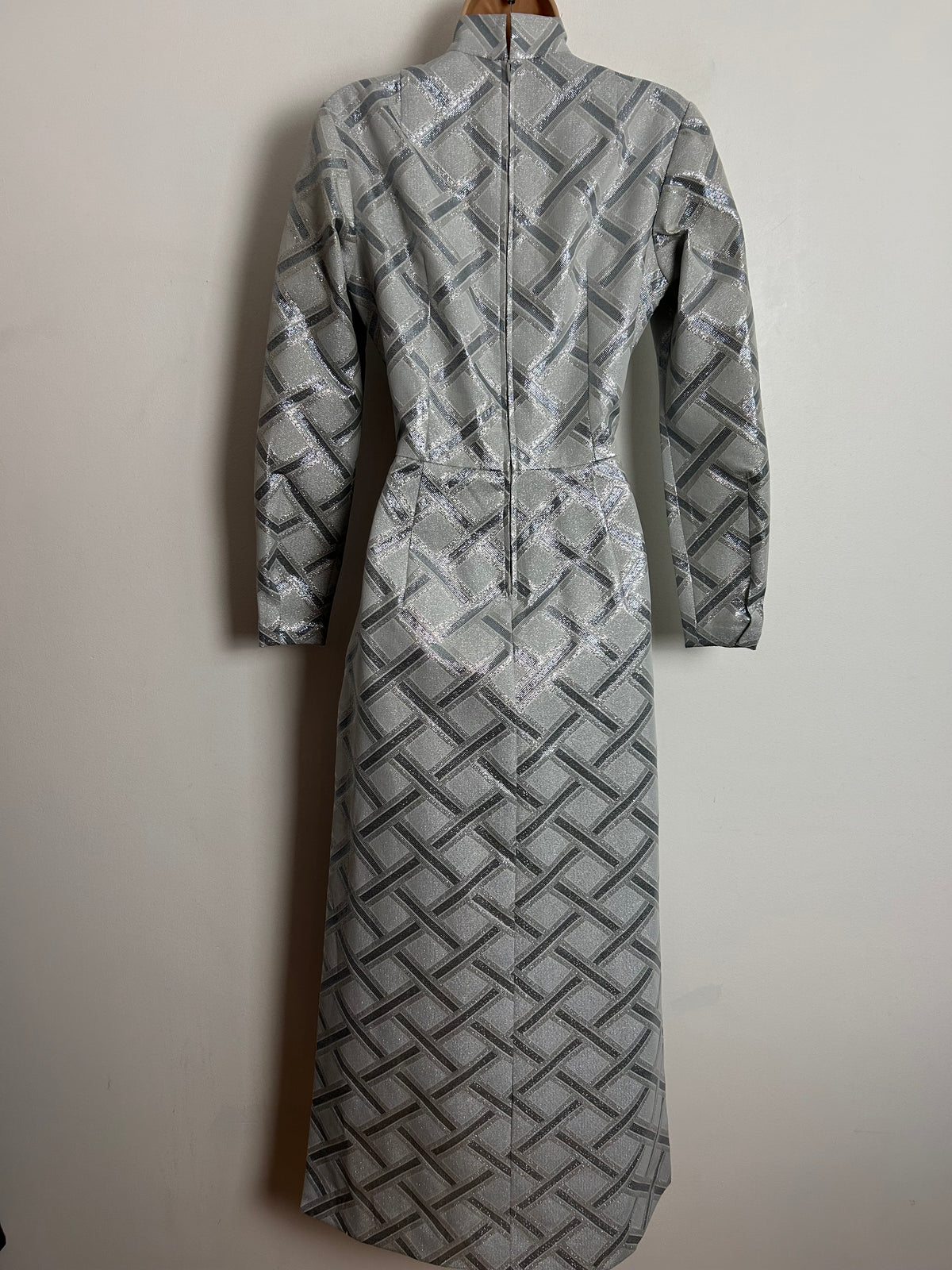 Vintage 1960s UK Size 8 Silver Metallic Glittery Lurex Brocade Long Sleeve Split Seams Occasion Maxi Dress