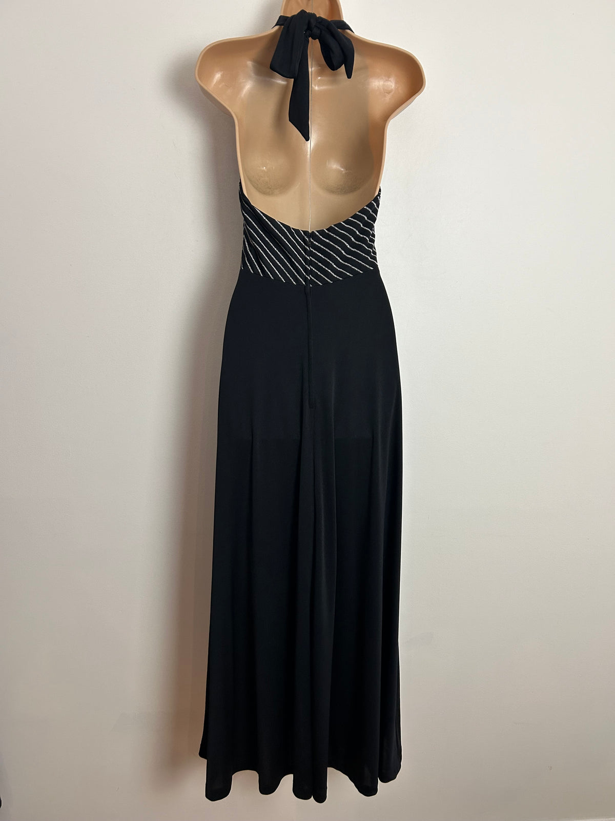 Vintage 1970s UK Size 6 Black & Metallic Silver Lurex Stripe Halterneck Evening Maxi Dress