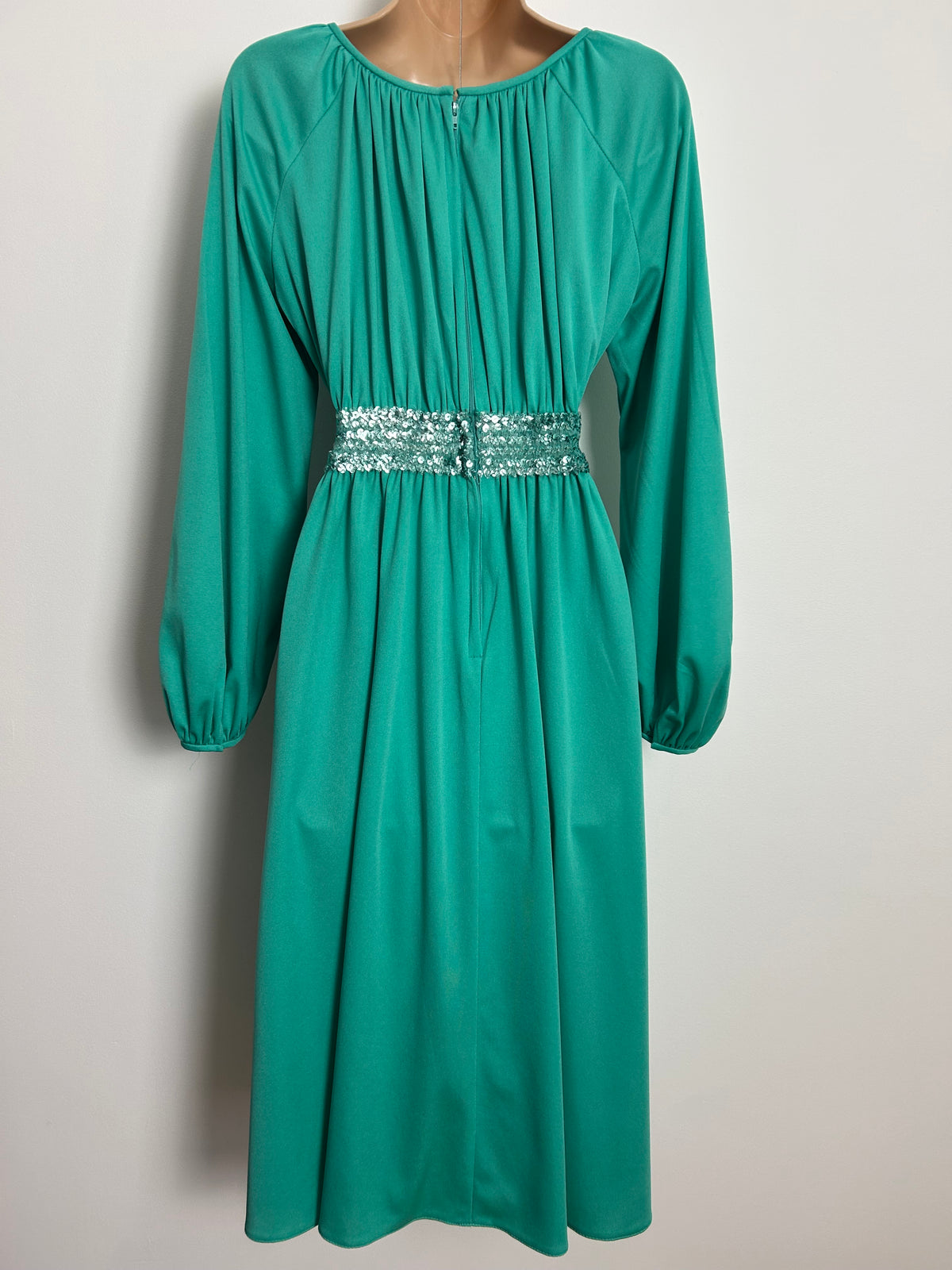 Vintage 1970s TRINA LEWIS UK Size 10 Jade Green Long Sleeve Sequin Waist Detail Long Sleeve Midi Occasion Dress