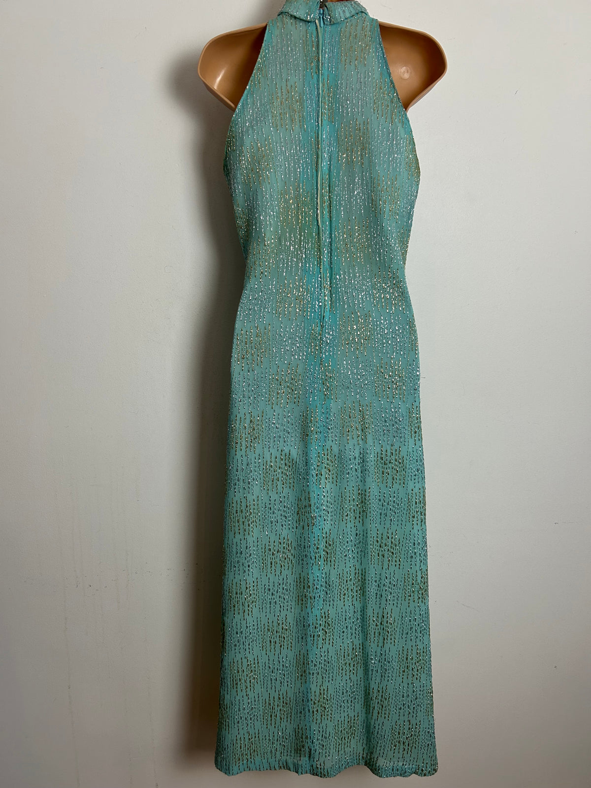 Vintage 1960s Size 8 Pale Duck Egg Blue Gold & Silver Thread Occasion Evening Maxi Dress