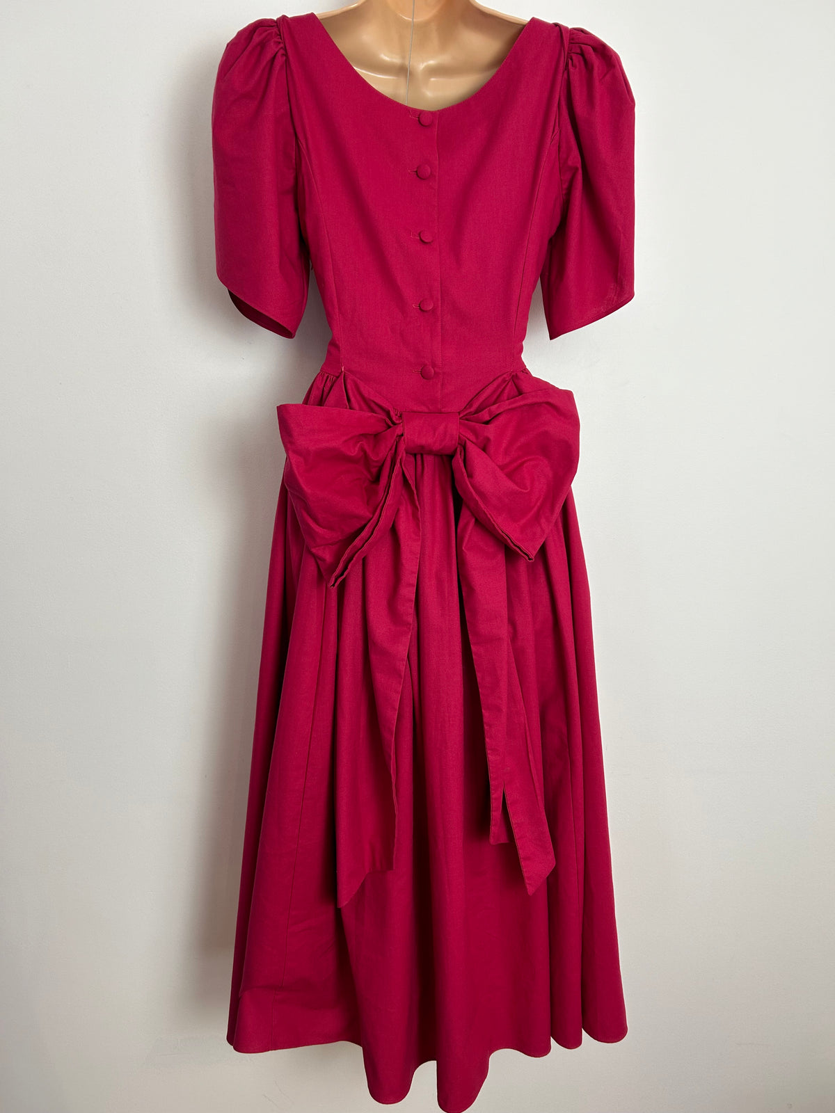 Vintage 1980s LAURA ASHLEY UK Size 8 Dark Pink Cotton Bow Back Midi Ballgown Dress
