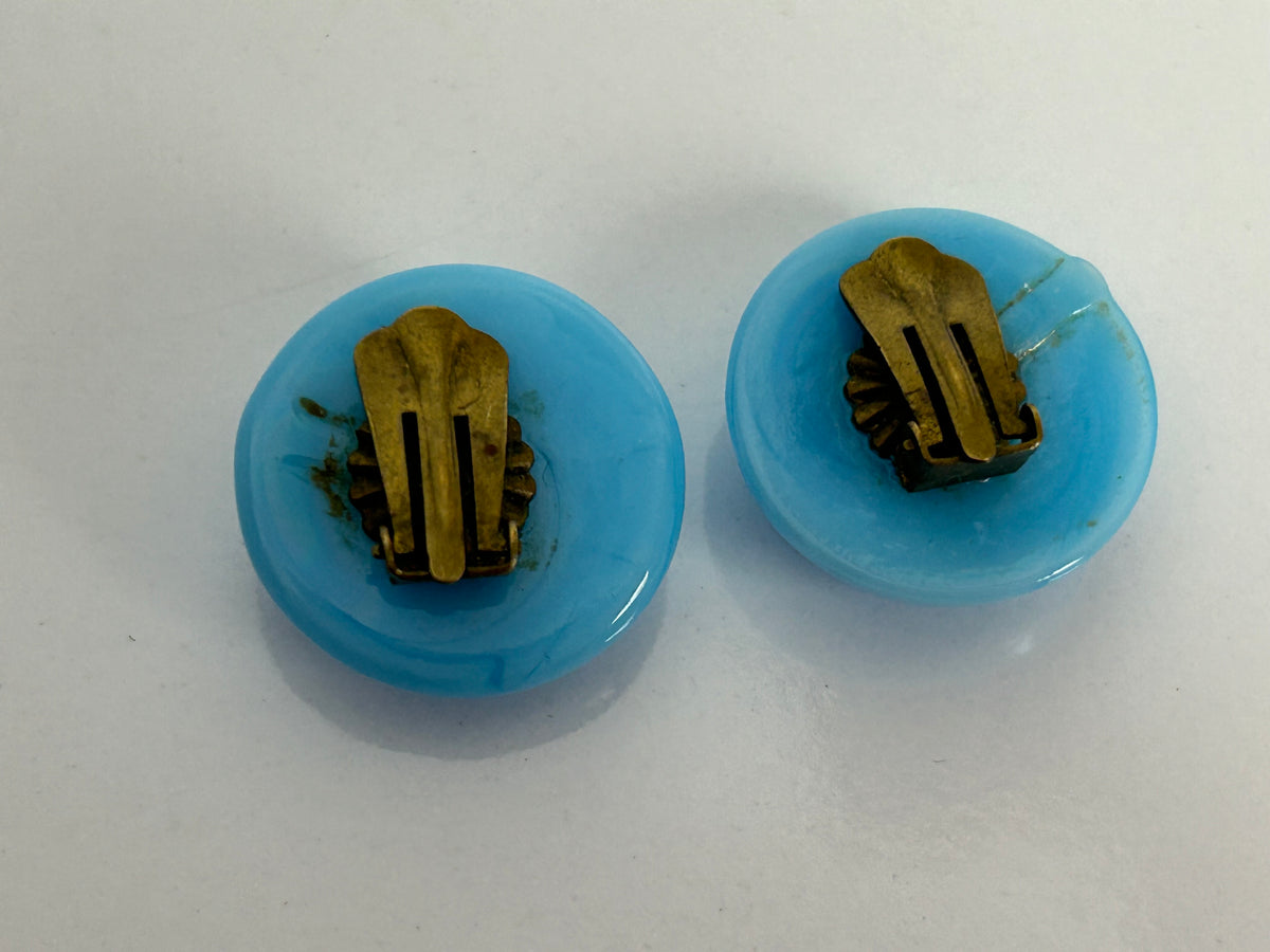 Vintage 1960s Blue Milk Glass Round Clip On Earrings