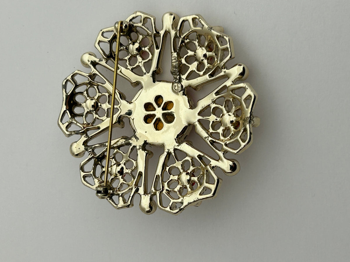 Vintage SARAH COVENTRY Large Gold Tone & Red Glass Sone Set Cut Out Brooch