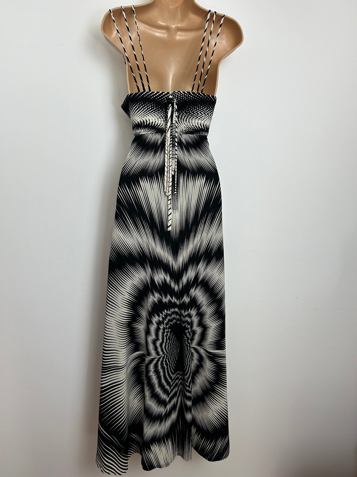 Vintage Late 1970s Size 10 Black & White Op Art Print Triple Strap Empire Line Occasion Maxi Dress