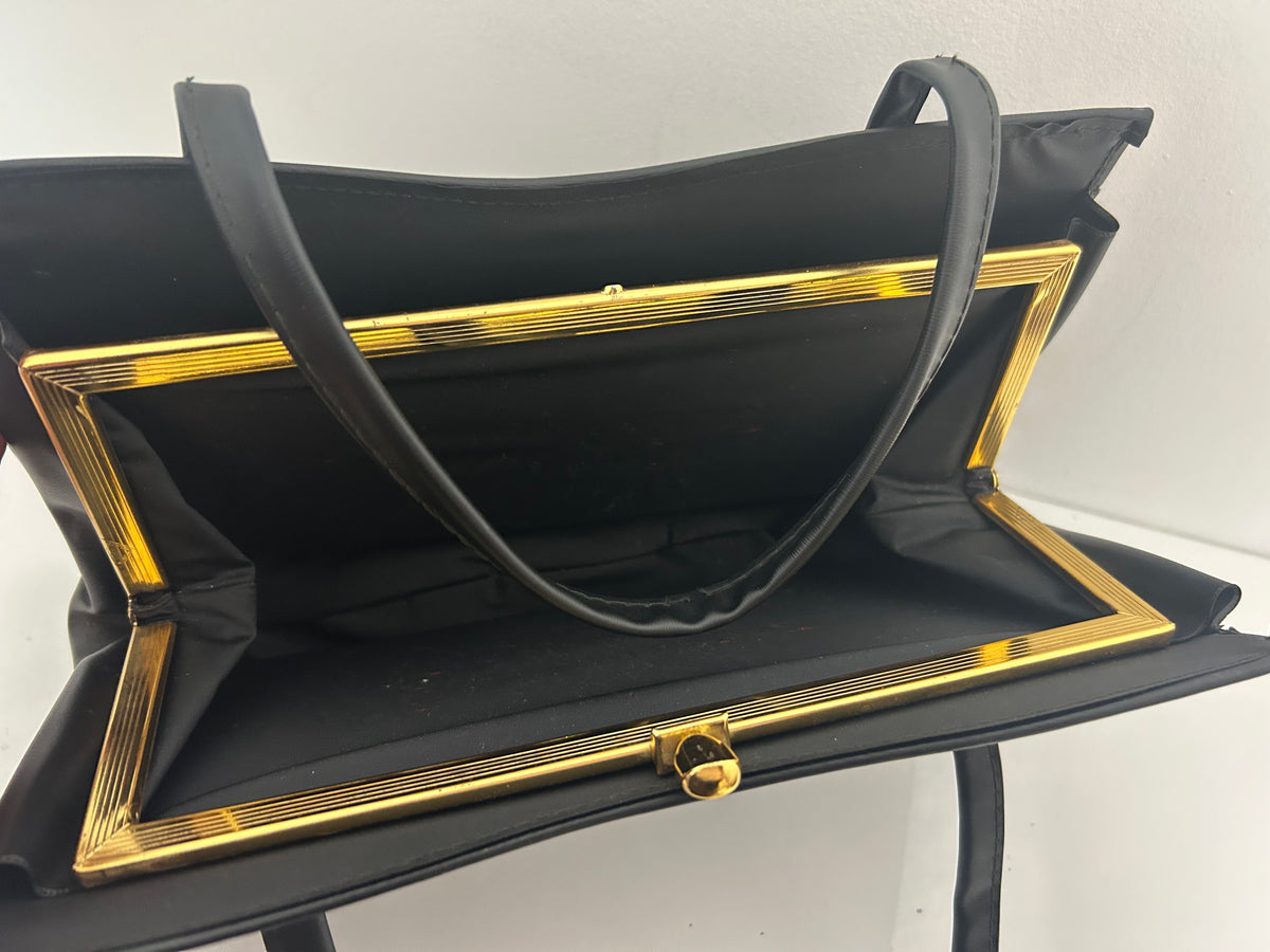 Vintage 1960s Black Faux Leather Lovely Shape Kelly Style Handbag