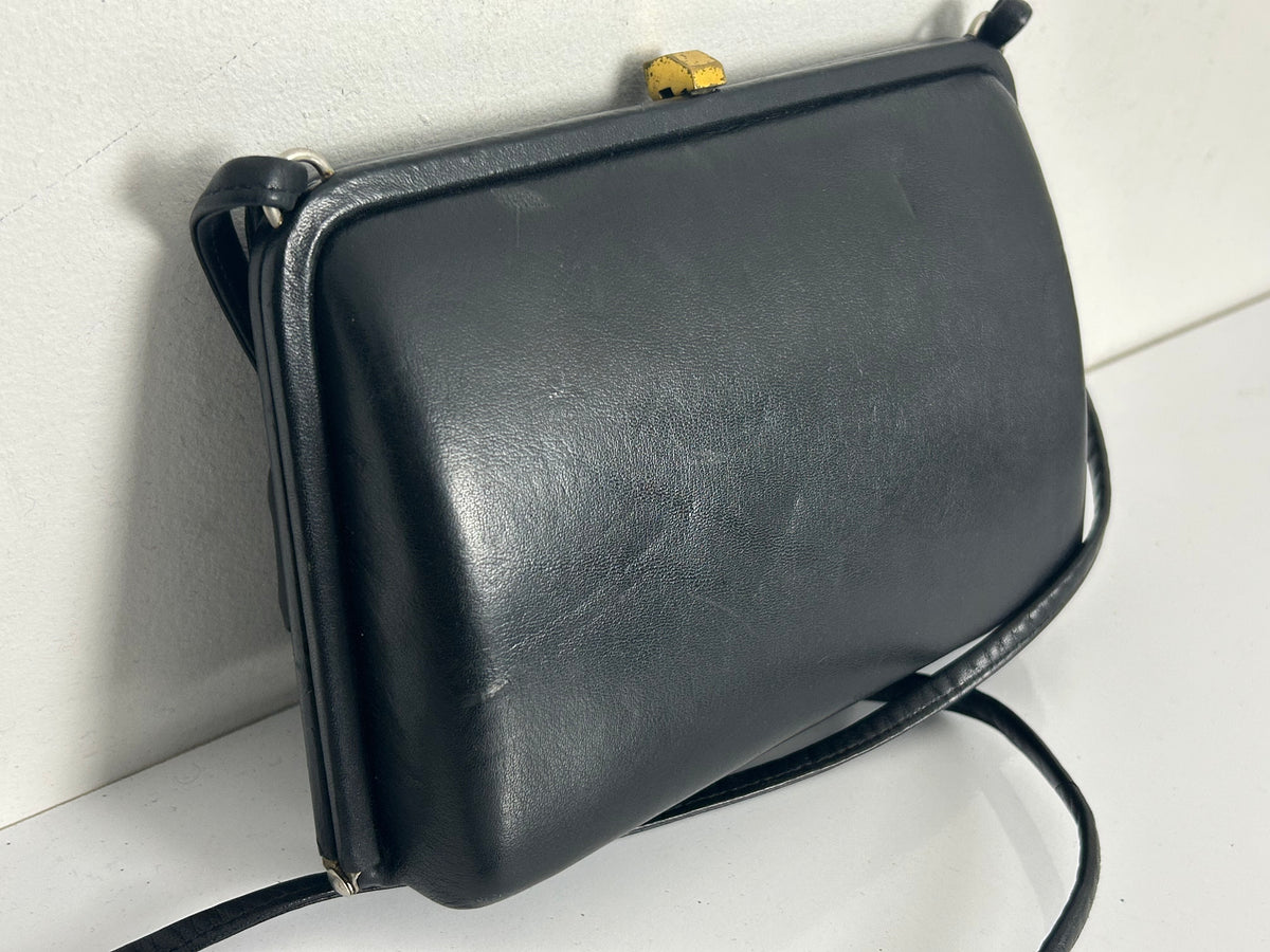 Vintage 1960s Black Leather & Patent Panels Box Style Shoulder Handbag