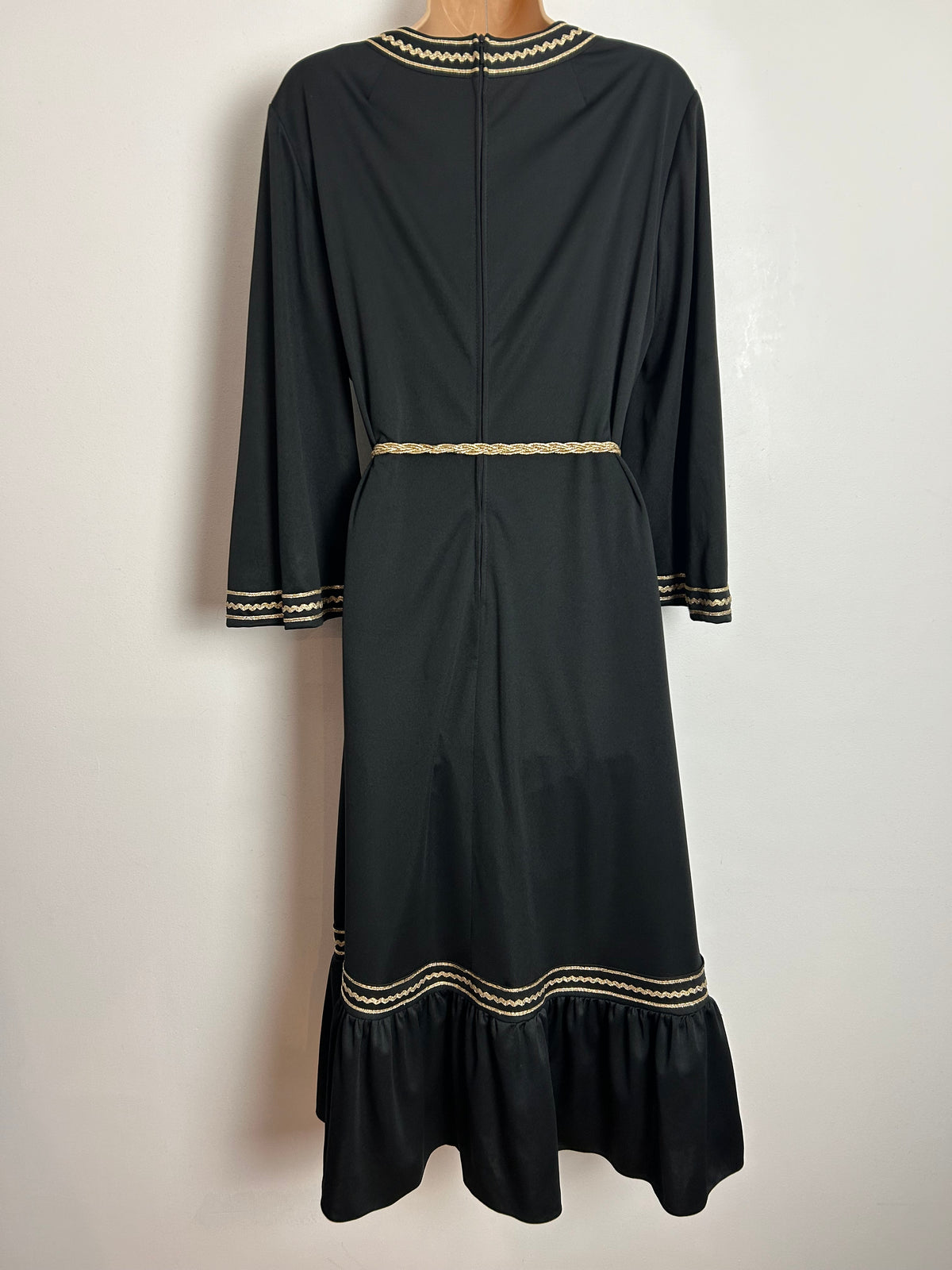 Vintage 1970s Size 14 Black & Metallic Gold Braid Trim Long Sleeve Belted Midi Dress