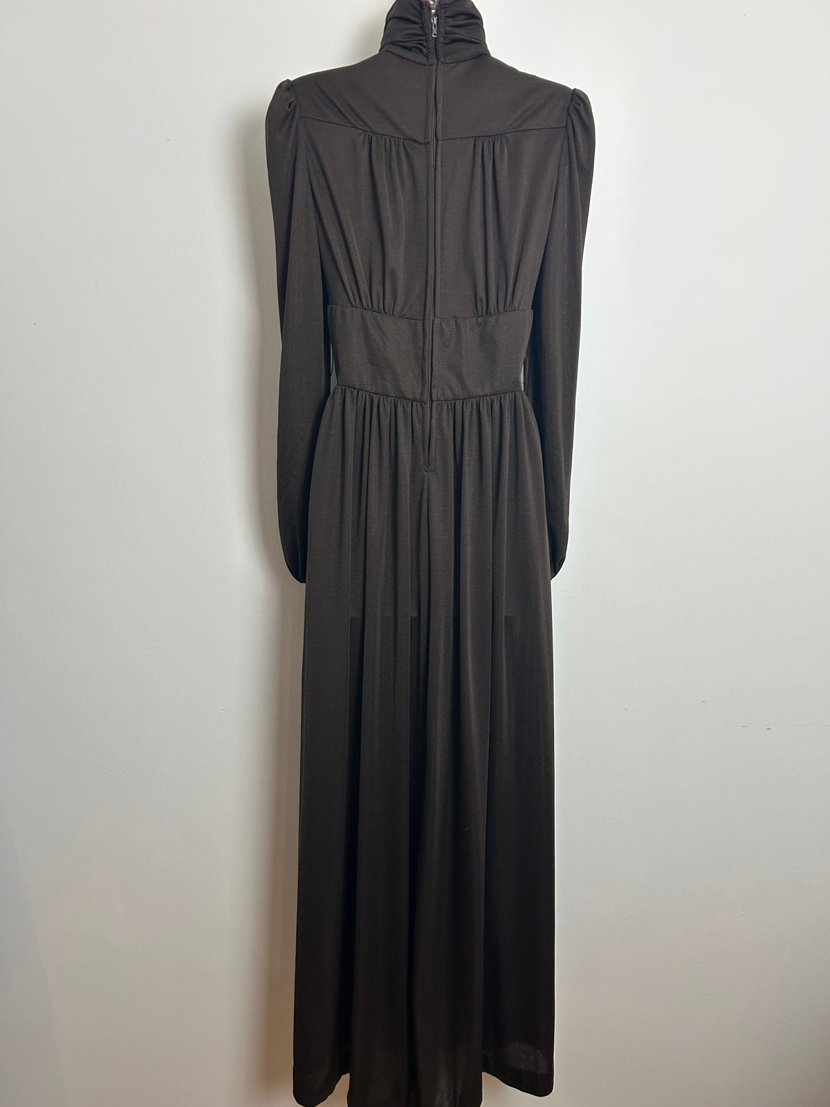 Vintage 1970s WALLIS FASHIONS UK Size 8-10 Brown High Neck Keyhole Long Sleeve Maxi Dress