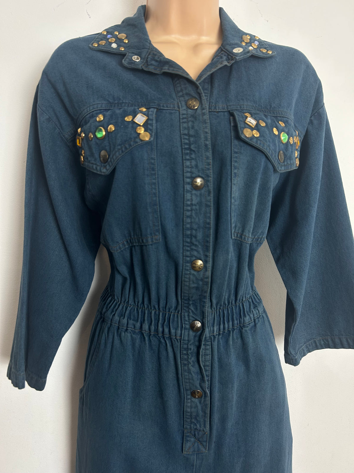 Vintage 1980s DREAMS Size 10 Dark Denim Jewel & Stud Embellished Pocket Detail Jumpsuit