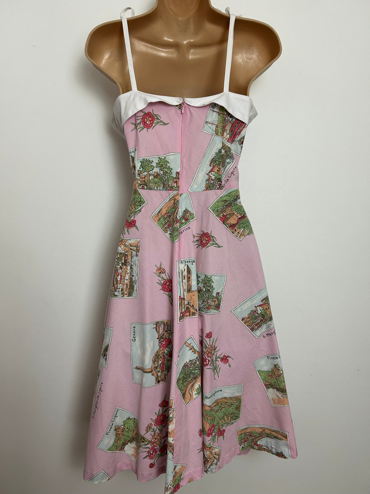 Vintage 1980s Size 8-10 Pink Italian Cities Postcard Print 50s Style Cotton Sun Dress