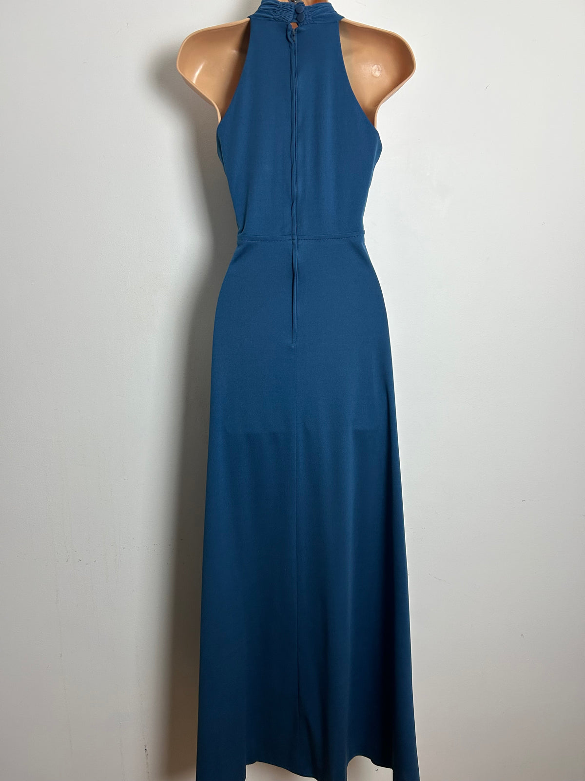 Vintage 1970s Size 8 Dusky Blue Braid Diamante & Bead Applique Detail Evening Maxi Dress