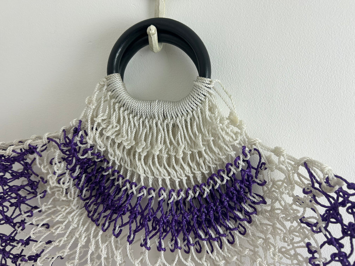 Vintage 1960s Fab Purple & White Plastic Woven String Shopping Bag