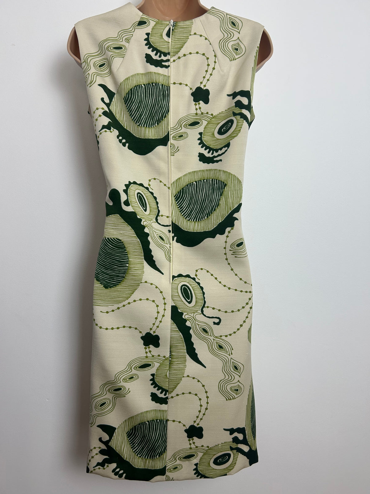 Vintage 1960s Size 12 Cream & Green Abstract Print Sleeveless Mod Shift Dress