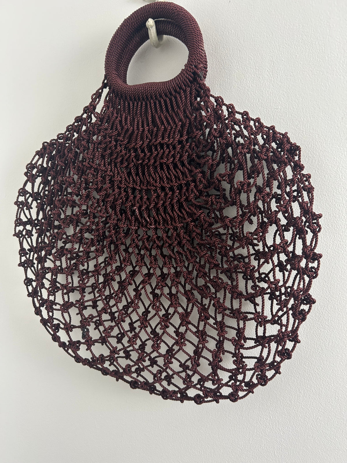 Vintage 1960s Dark Brown Macrame Knotted Style Plastic Handled Shopping Bag
