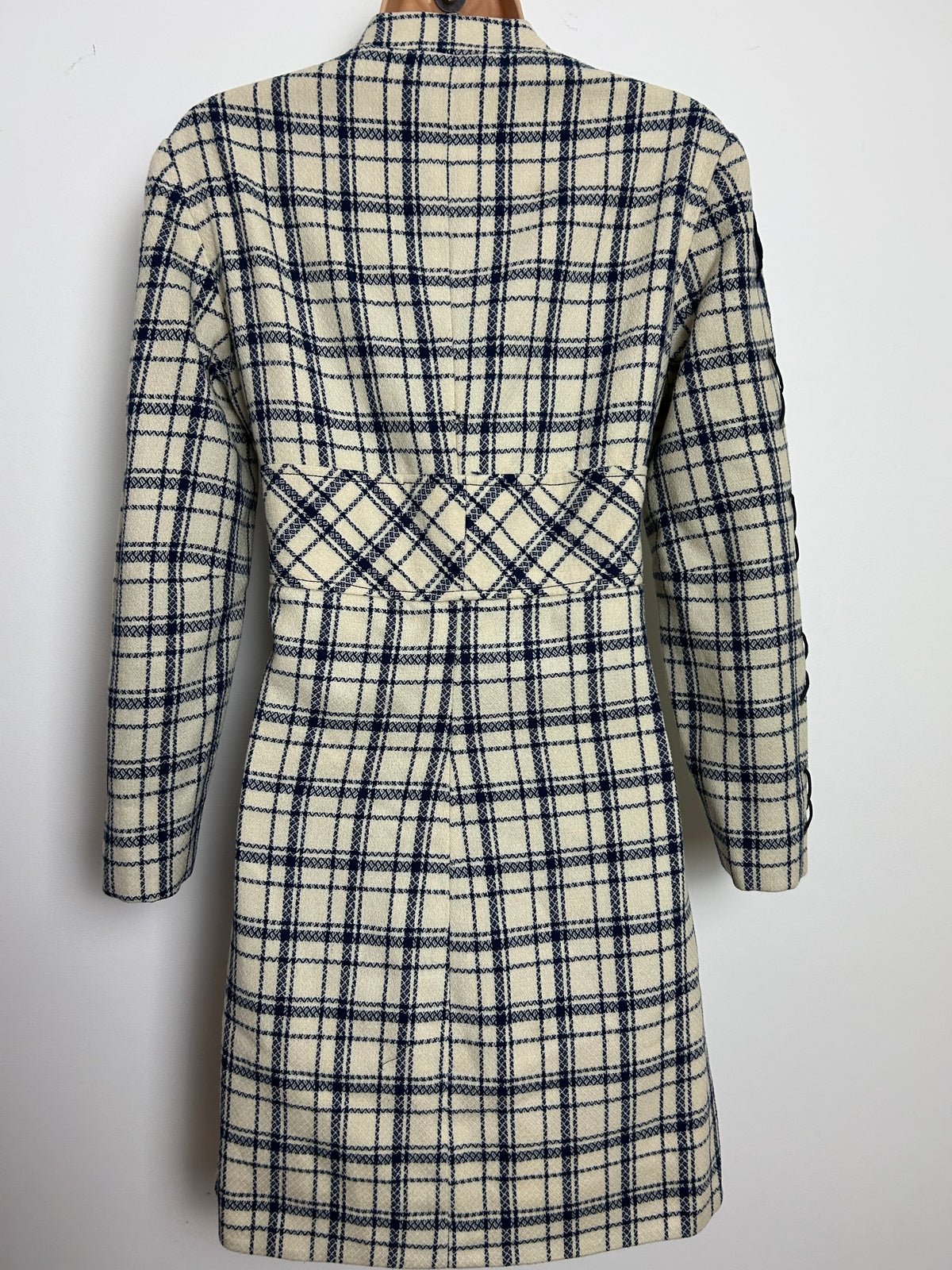 Vintage 1960s Size 8 Cream & Blue Check Pattern Wool Long Sleeve Lace Up Detail Mod Dress