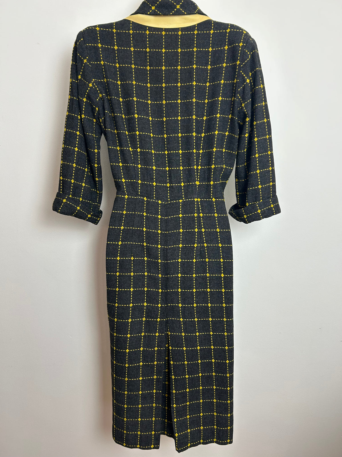 Vintage 1950s Size 12 Dark Grey & Yellow Check Pattern Pleated Wool Blend Pleated Day Dress