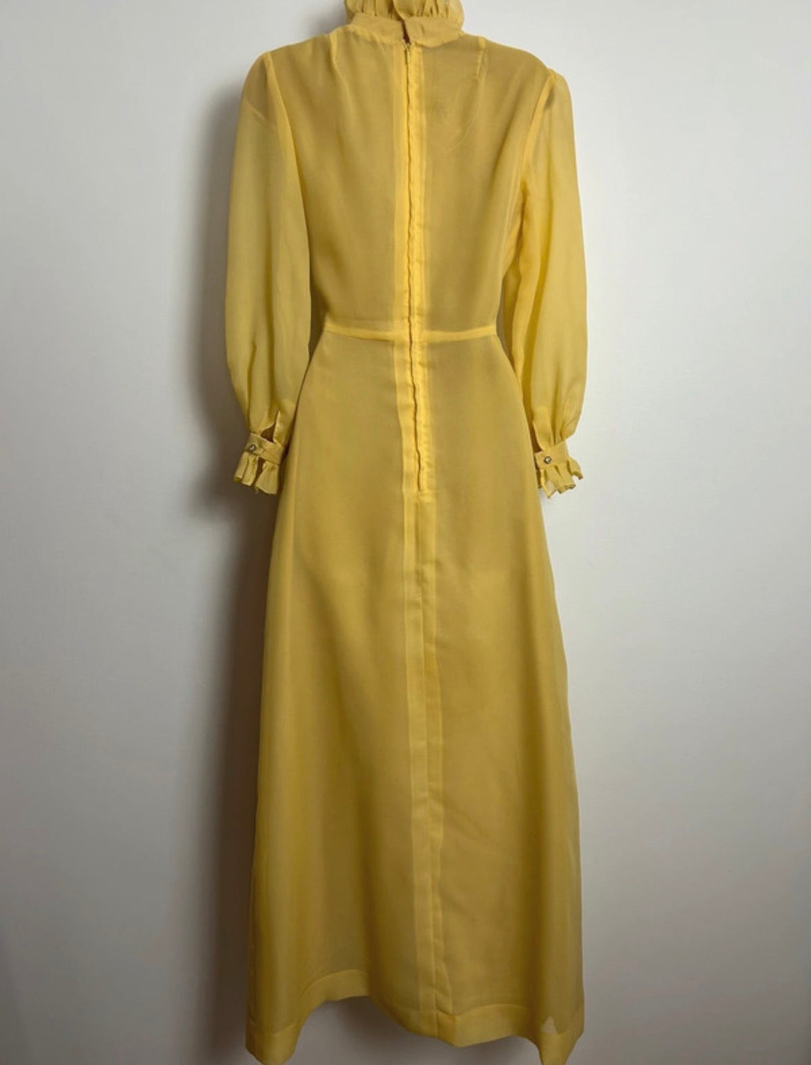 Vintage 1970s Size 6-8 Mustard Yellow Ruffle Trim Long Sleeve Prairie Maxi Dress