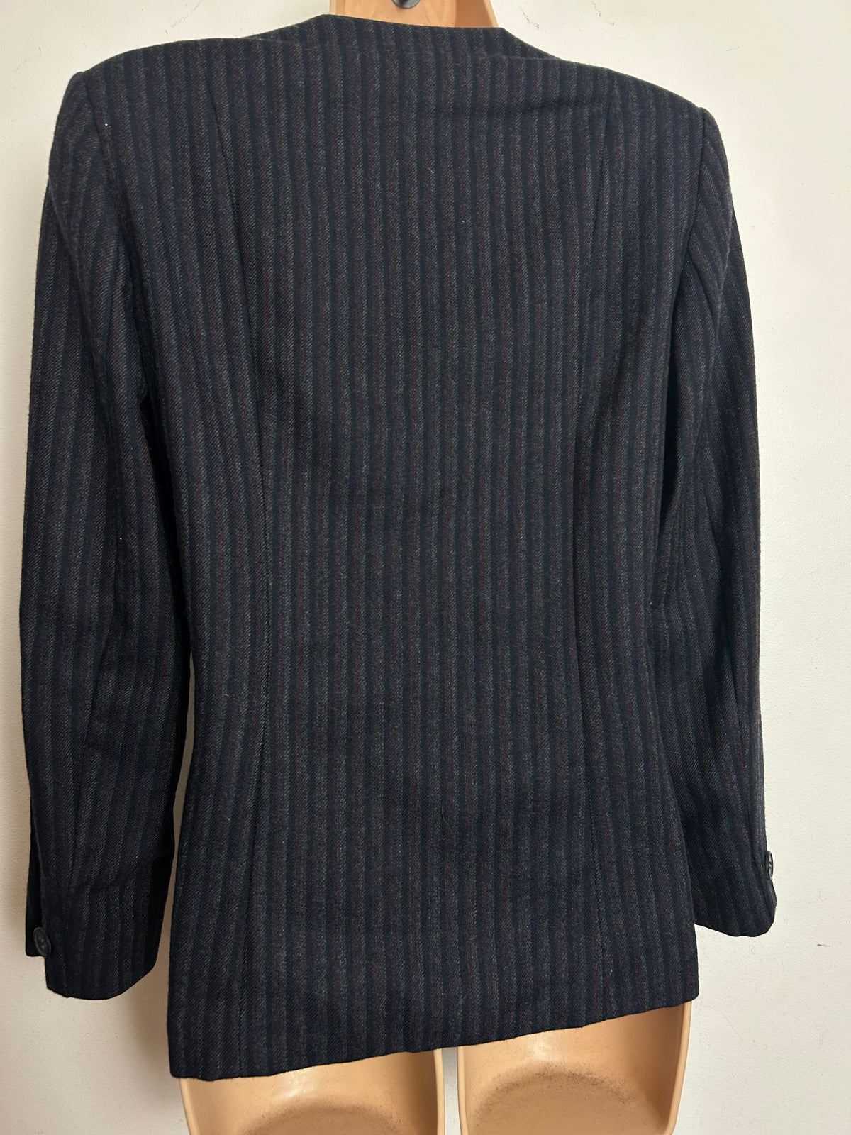 Vintage 1980s Size 10 Darkest Grey Stripe Wool Mix Button Collar Blazer