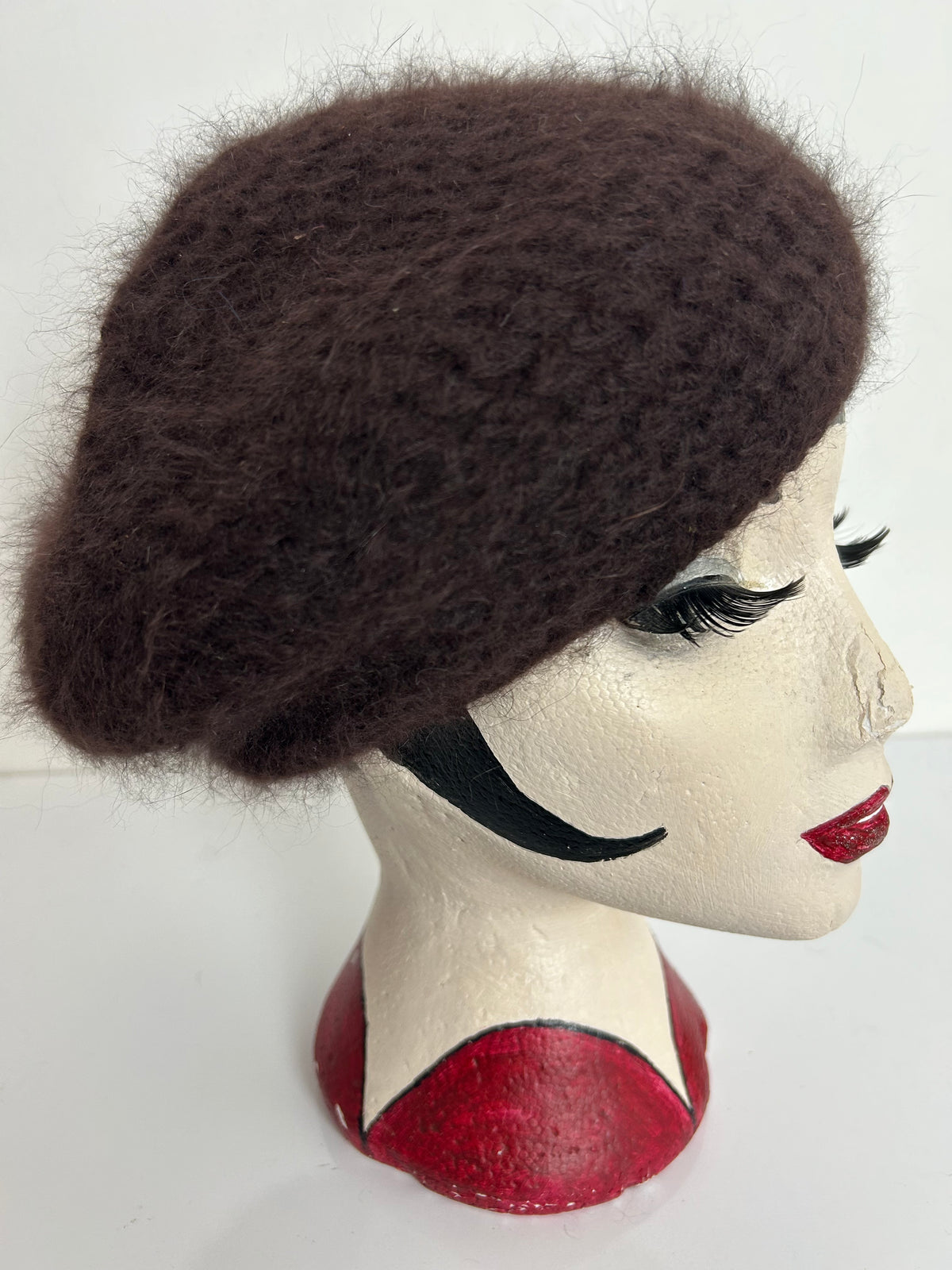Vintage Handmade Dark Brown Angora & Wool Mix Semi Chunky Knit Beret/Beanie Style Hat