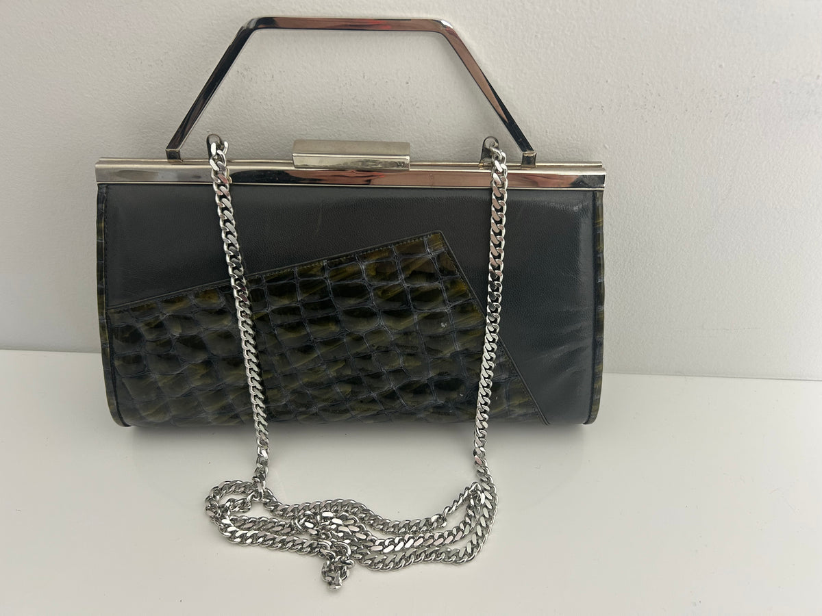 Vintage Early 1980s RENATA. Italy Grey & Dark Green Tones Mock Reptile Panel Clutch Or Shoulder Bag