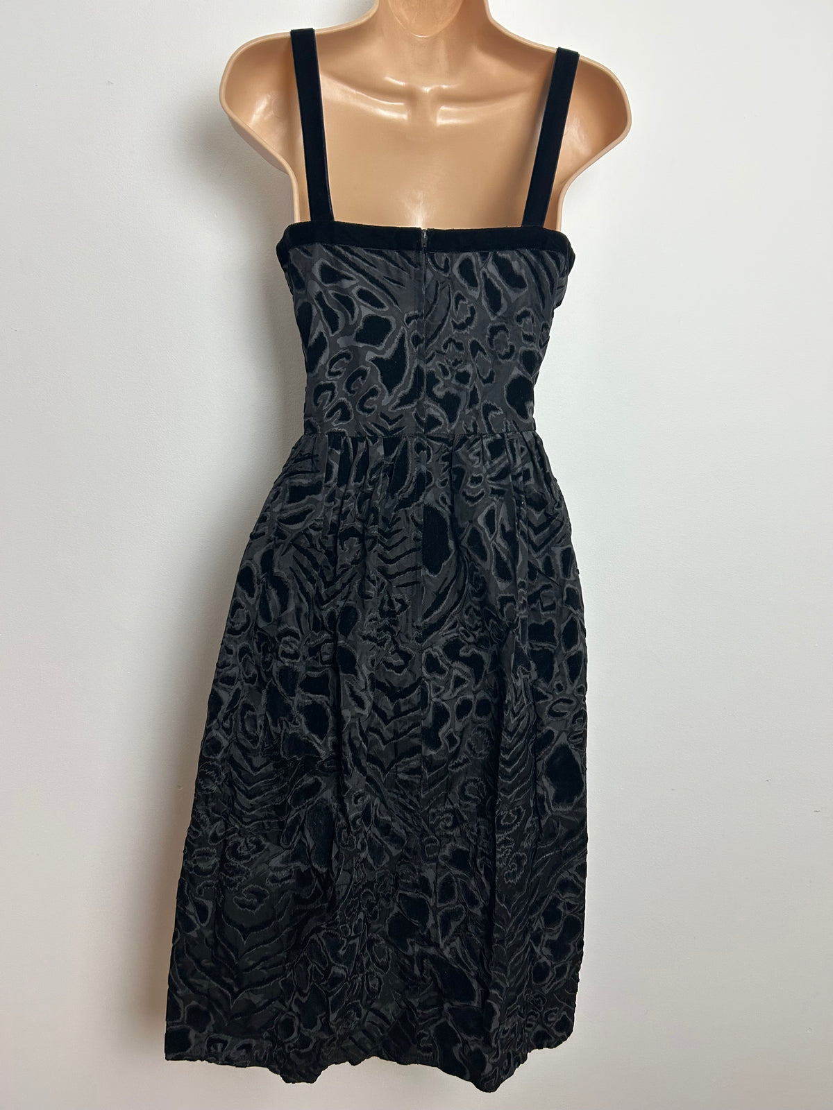 Vintage Early 1960s CARNEGIE OF LONDON Size 6-8 Black Acetate & Black Velvet Flock Party Cocktail Dress