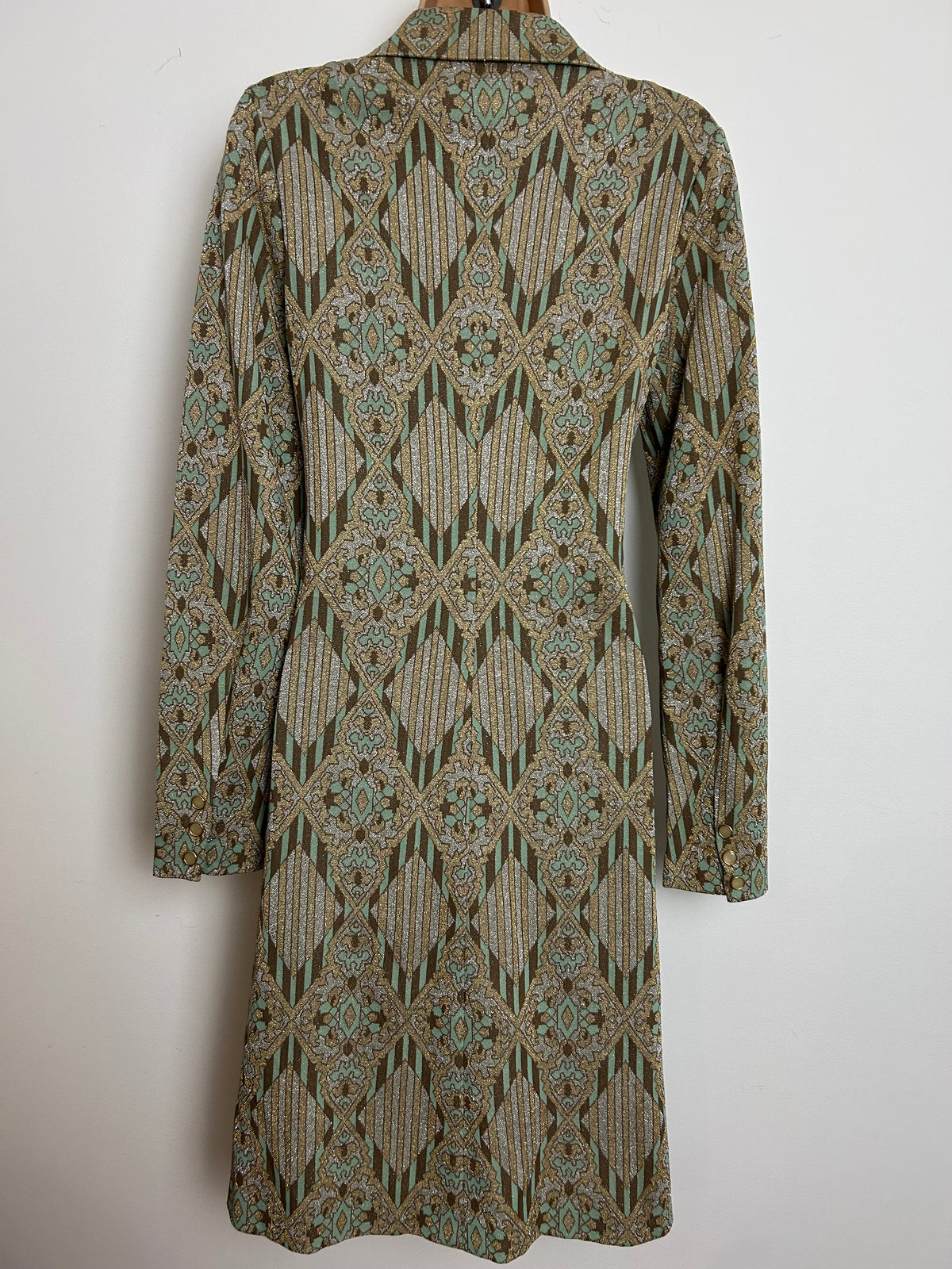 Vintage 1970s Size 12 Brown Mint Green Metallic Gold & Silver Lurex Abstract Stripe Print Long Sleeve Occasion Party Dress