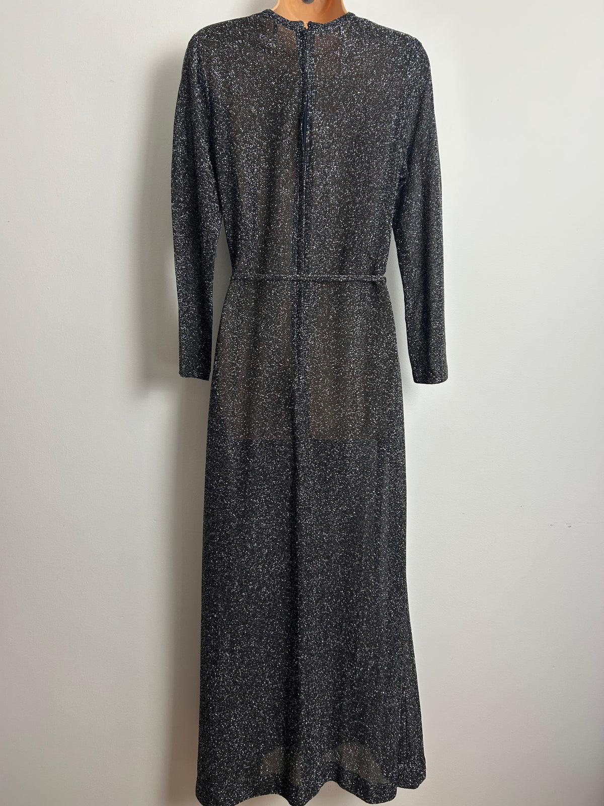Vintage 1970s SIMON ELLIS Size 10 Black & Silver Lurex Long Sleeve Belted Evening Maxi Dress