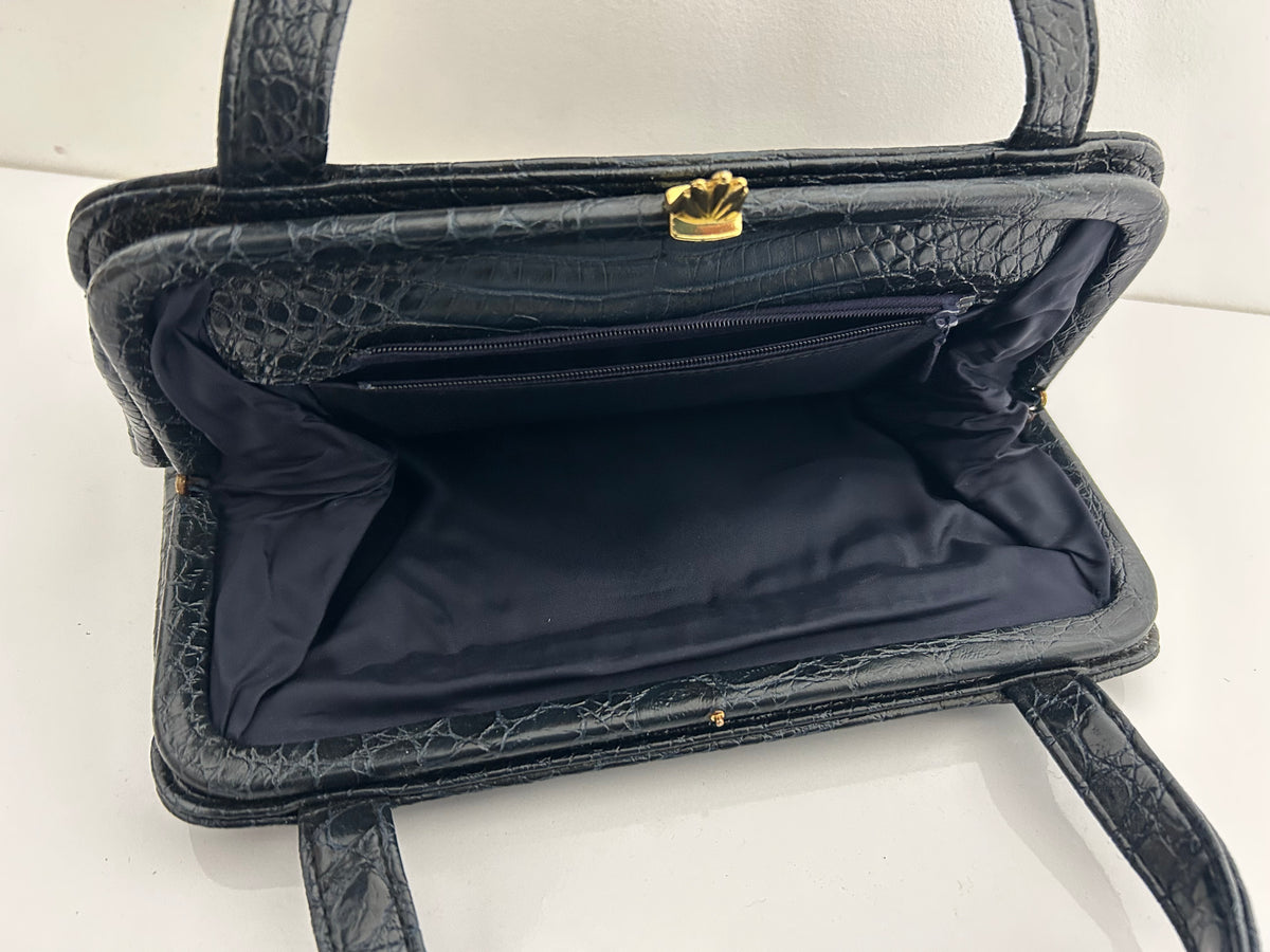Vintage 1960s Black & Very Dark Blue Mock Croc/Alligator Vinyl Kelly Style Handbag