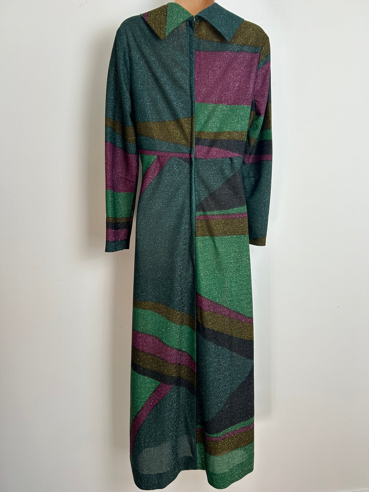 Vintage 1970s MARY WILSON Size 12 Green & Purple Stripe Lurex Long Sleeve Maxi Dress