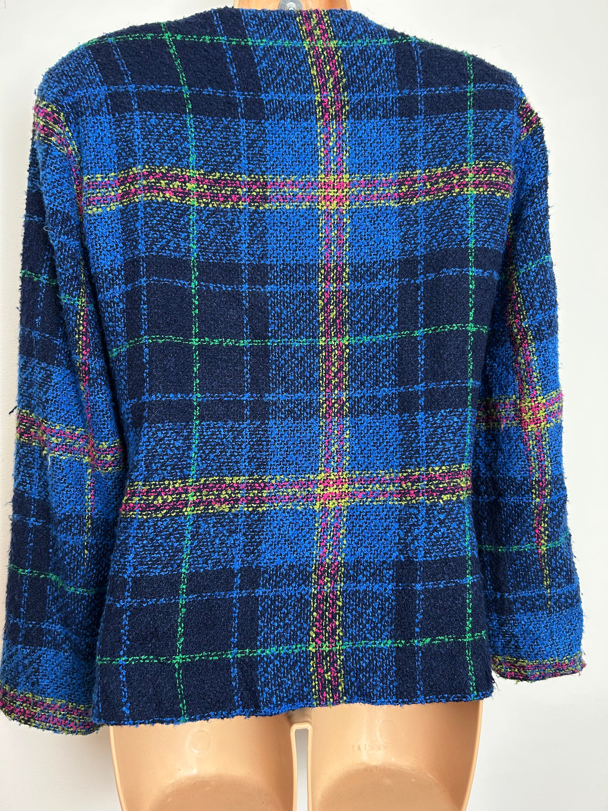 Vintage VINCI CLOTHIERS Size 14 Blue Check Boucle Collarless Boxy Jacket