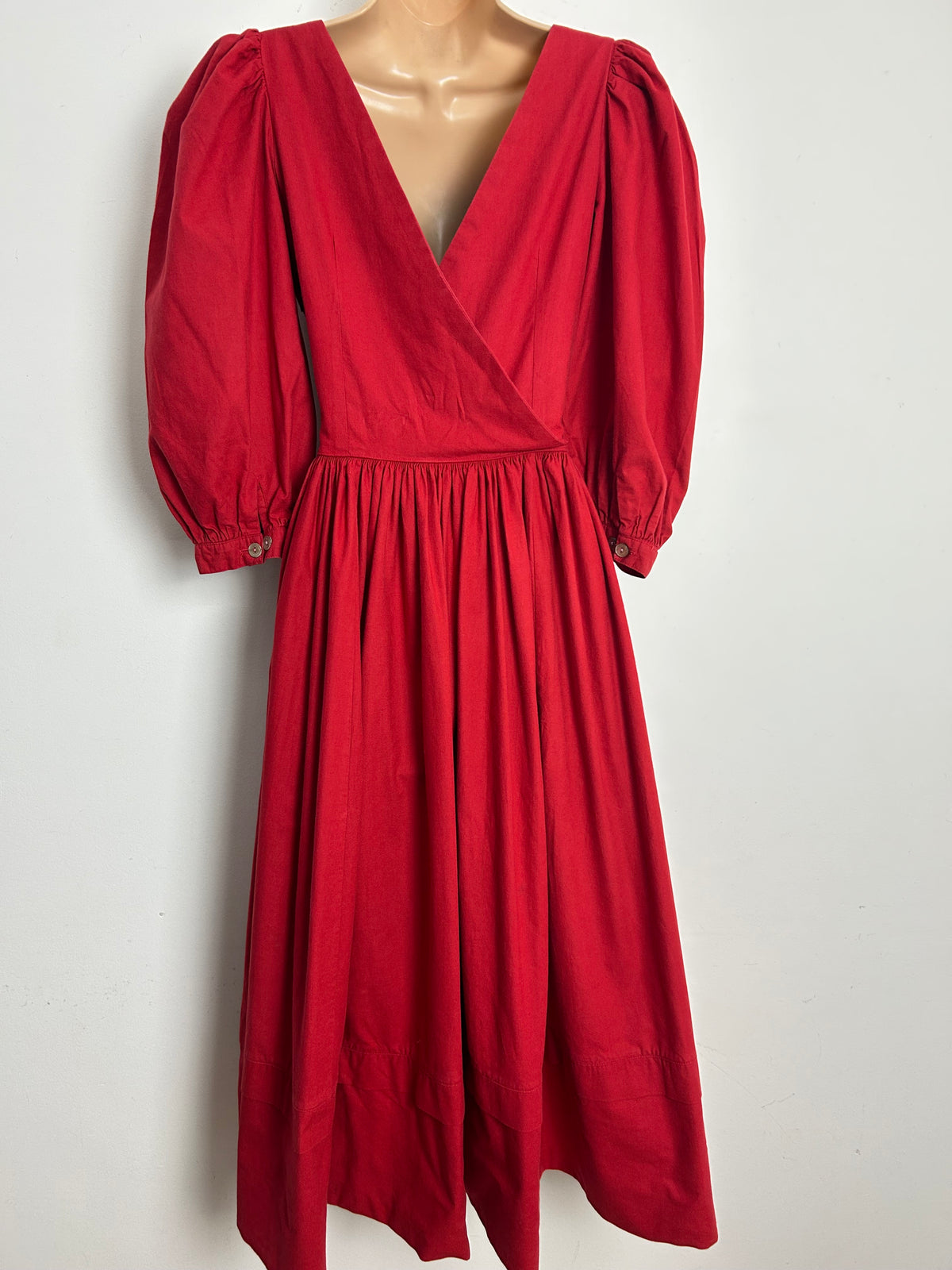 Vintage 1980s LAURA ASHLEY Size 10 (Size 12 On Label) Red Cross Over Back Puff Sleeve Midi Dress