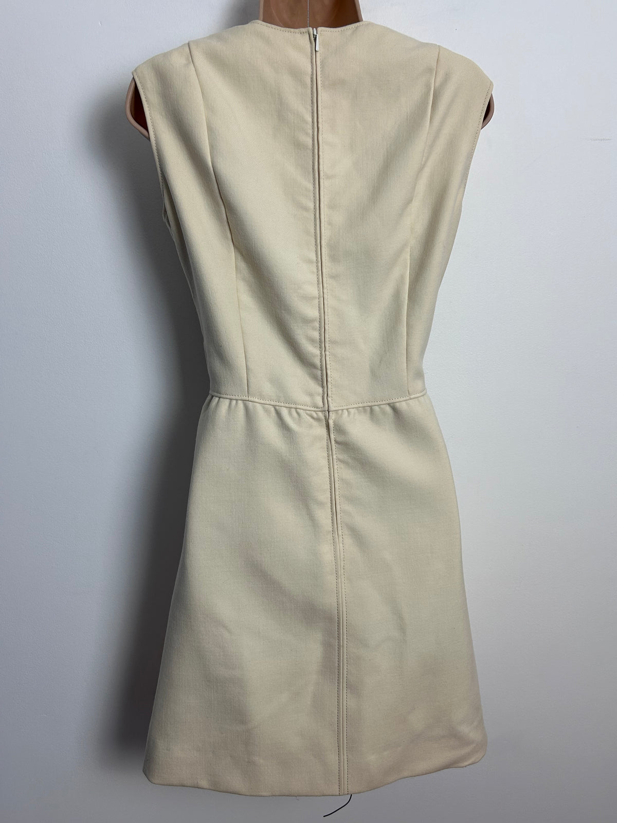 Vintage 1960s UK Size 10 Cream Pure New Wool Tab Detail Mod Dress