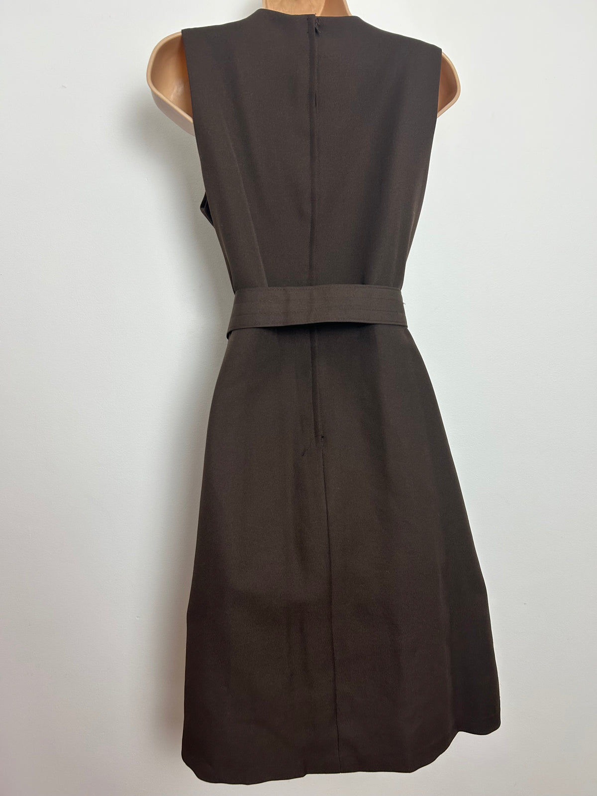 Vintage 1970s Size 12 Brown Pleated Belted Gold Button Detail Mod Day Dress