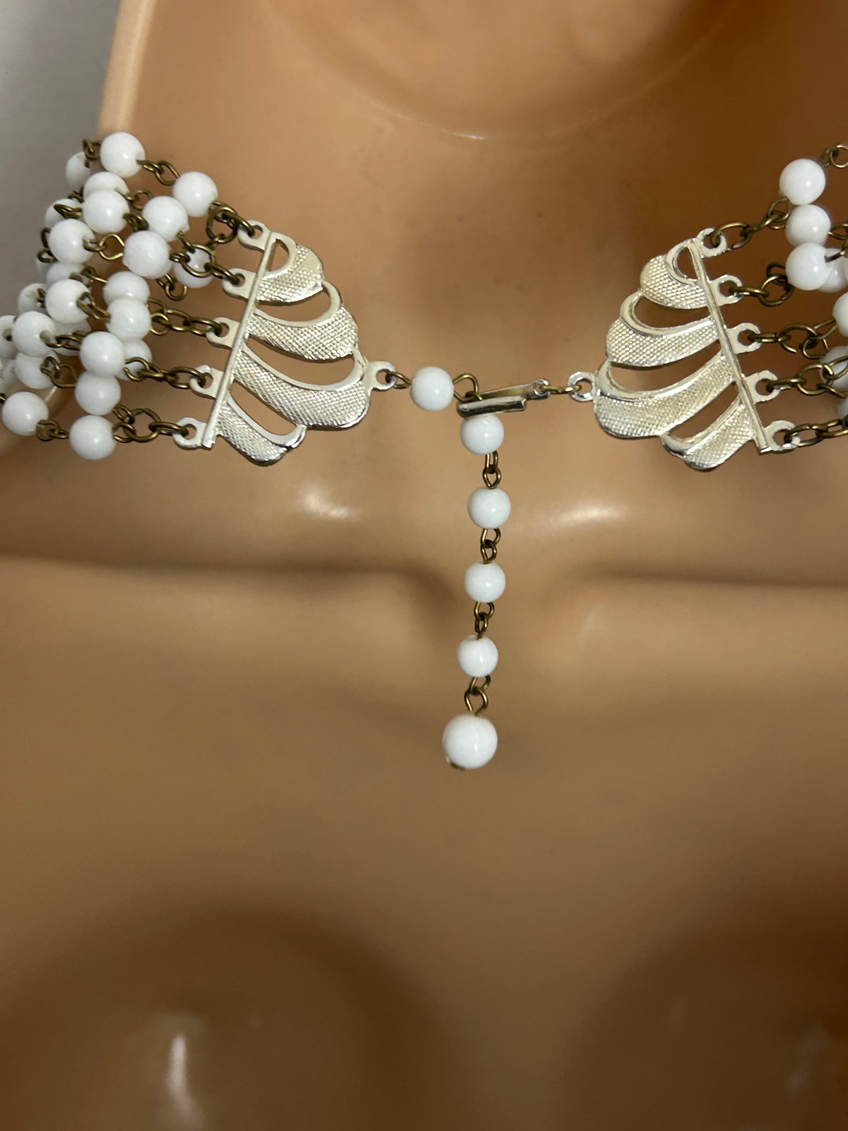 Vintage 1960s White Plastic Bead Ten Strand Statement Necklace (Hong Kong)