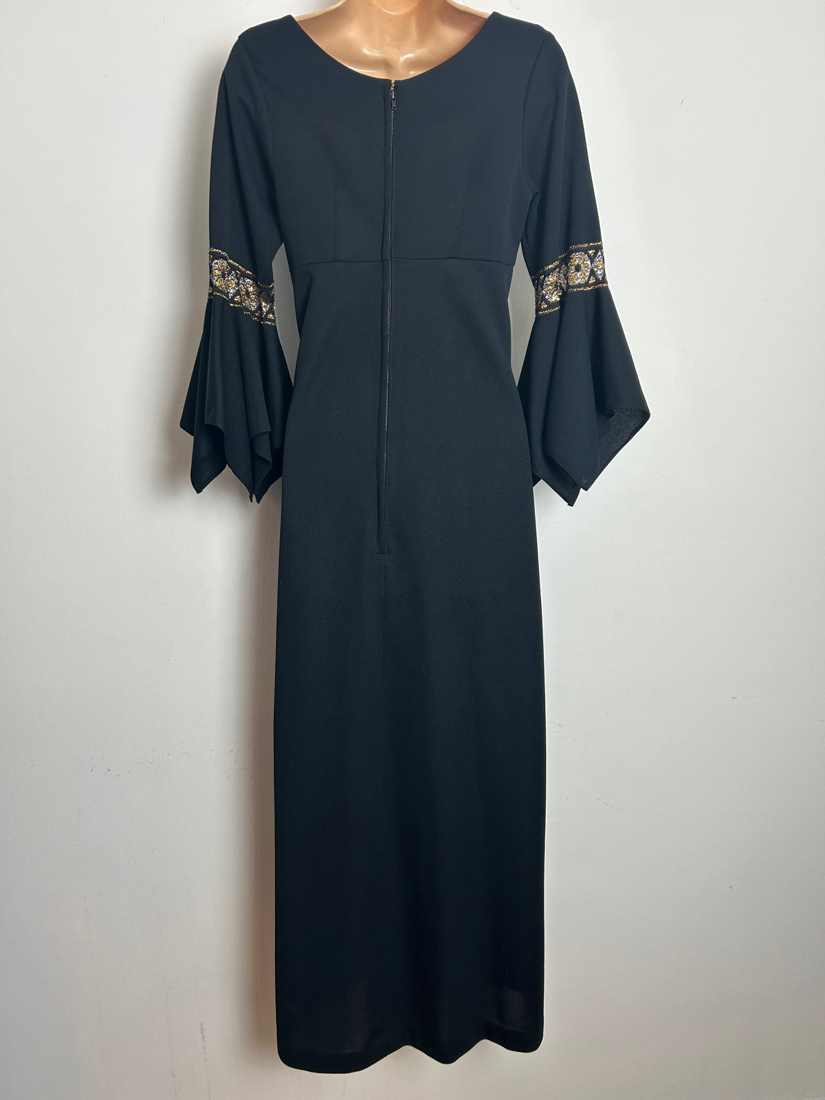 Vintage 1970s Size 8 Black & Metallic Gold & Silver Detail Flared Cuff Evening Maxi Dress