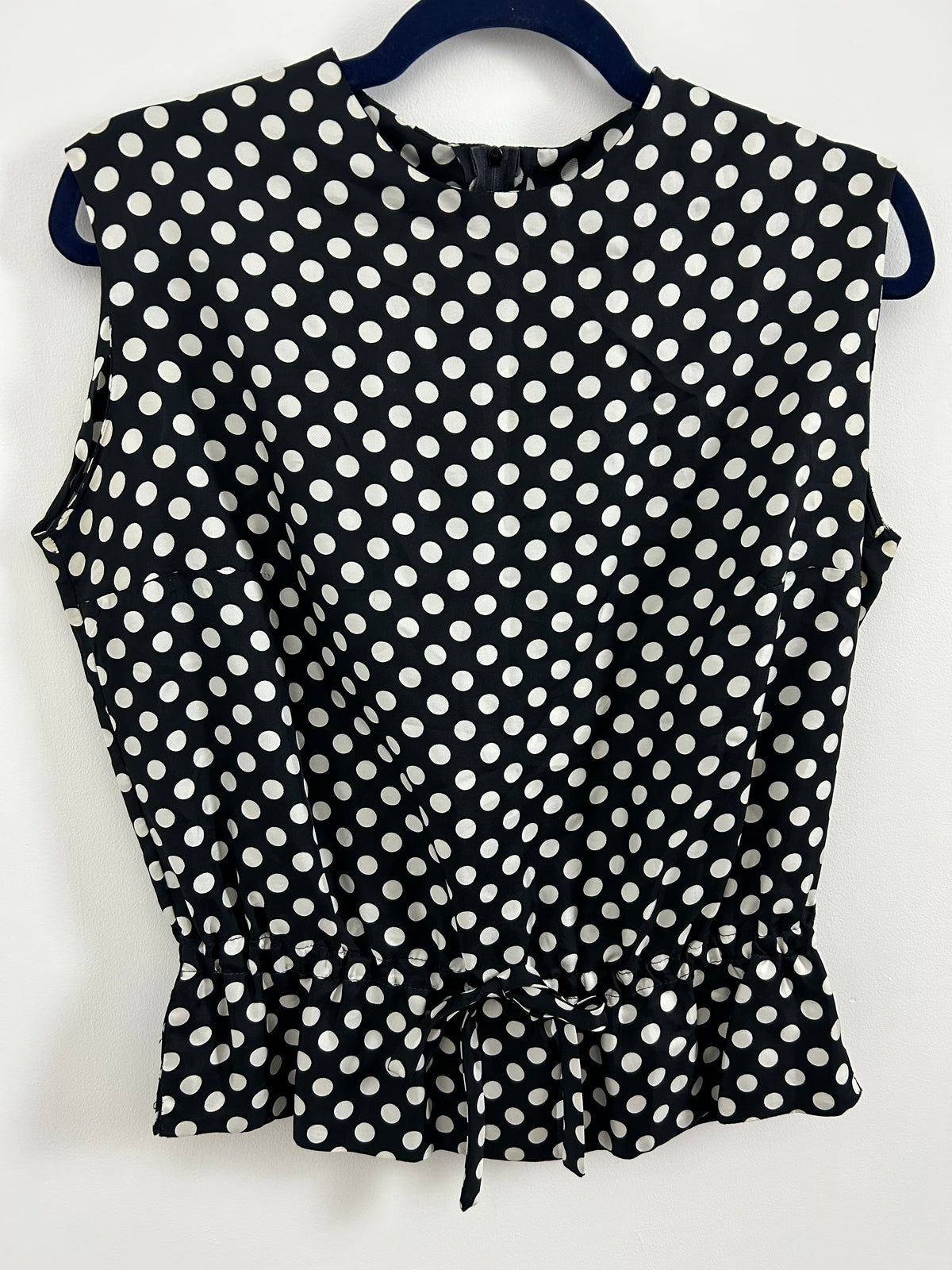 Vintage Late 1960s Size 12-14 Black & White Polka Dot Print Sleeveless Tie Detail Top