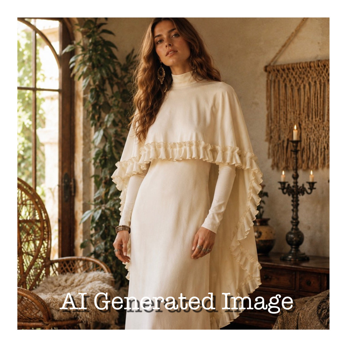Vintage Early 1970s Size 8 Cream Chiffon Cape Overlay Long Sleeve Boho Occasion Dress Hostess Gown