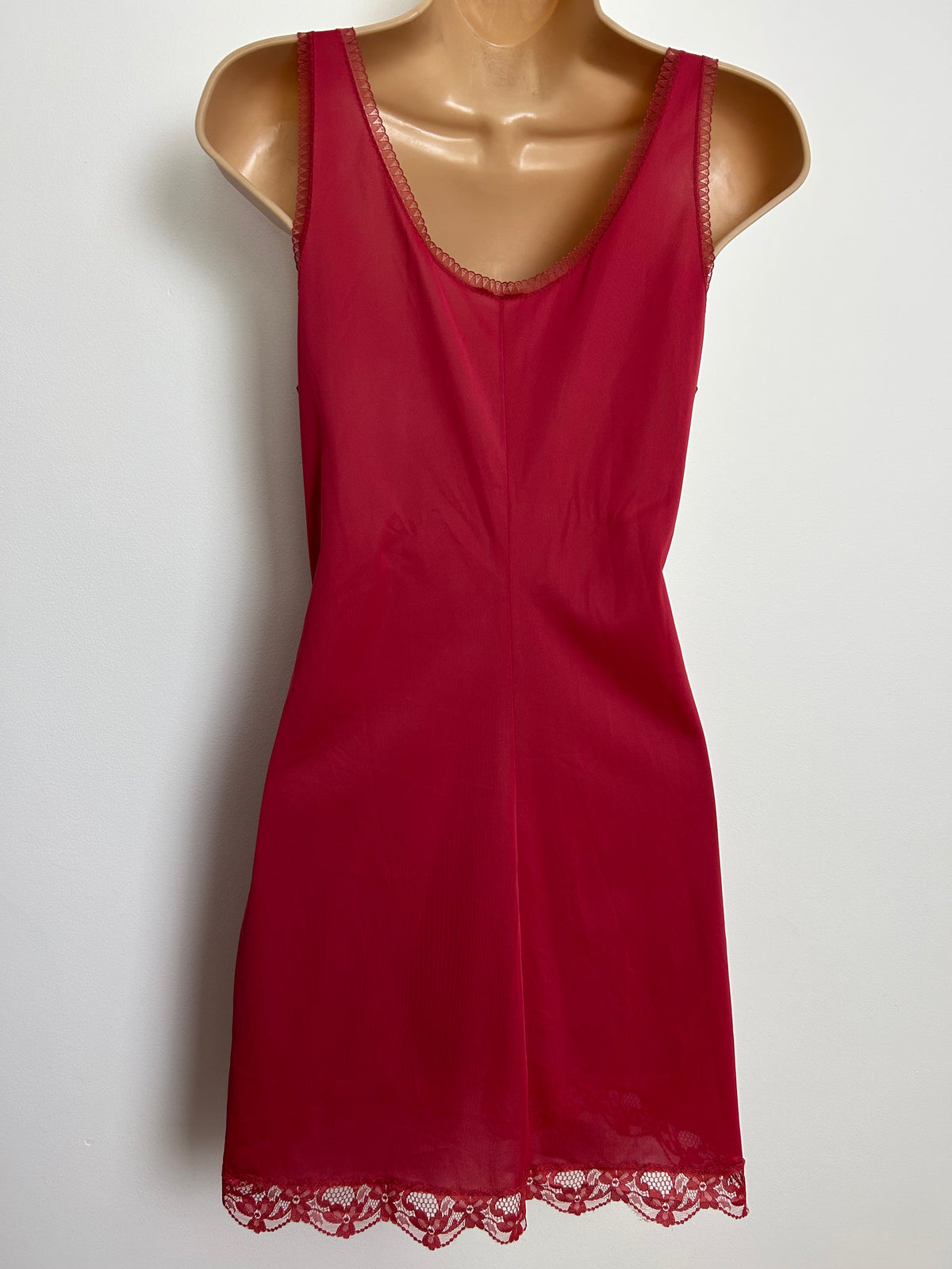 Vintage Size 10 Dark Red Lace Trim Nylon Mini Slip