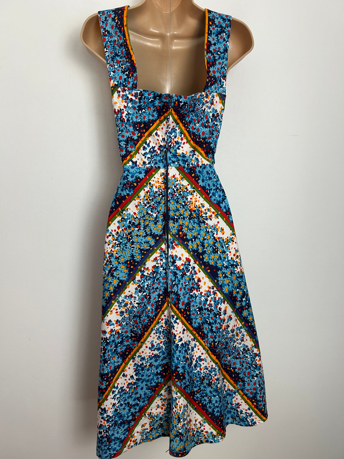 Vintage 1970s SOLIDA Size 12 Blue White Orange Red Floral & Stripe Print Cotton Summer Day Dress