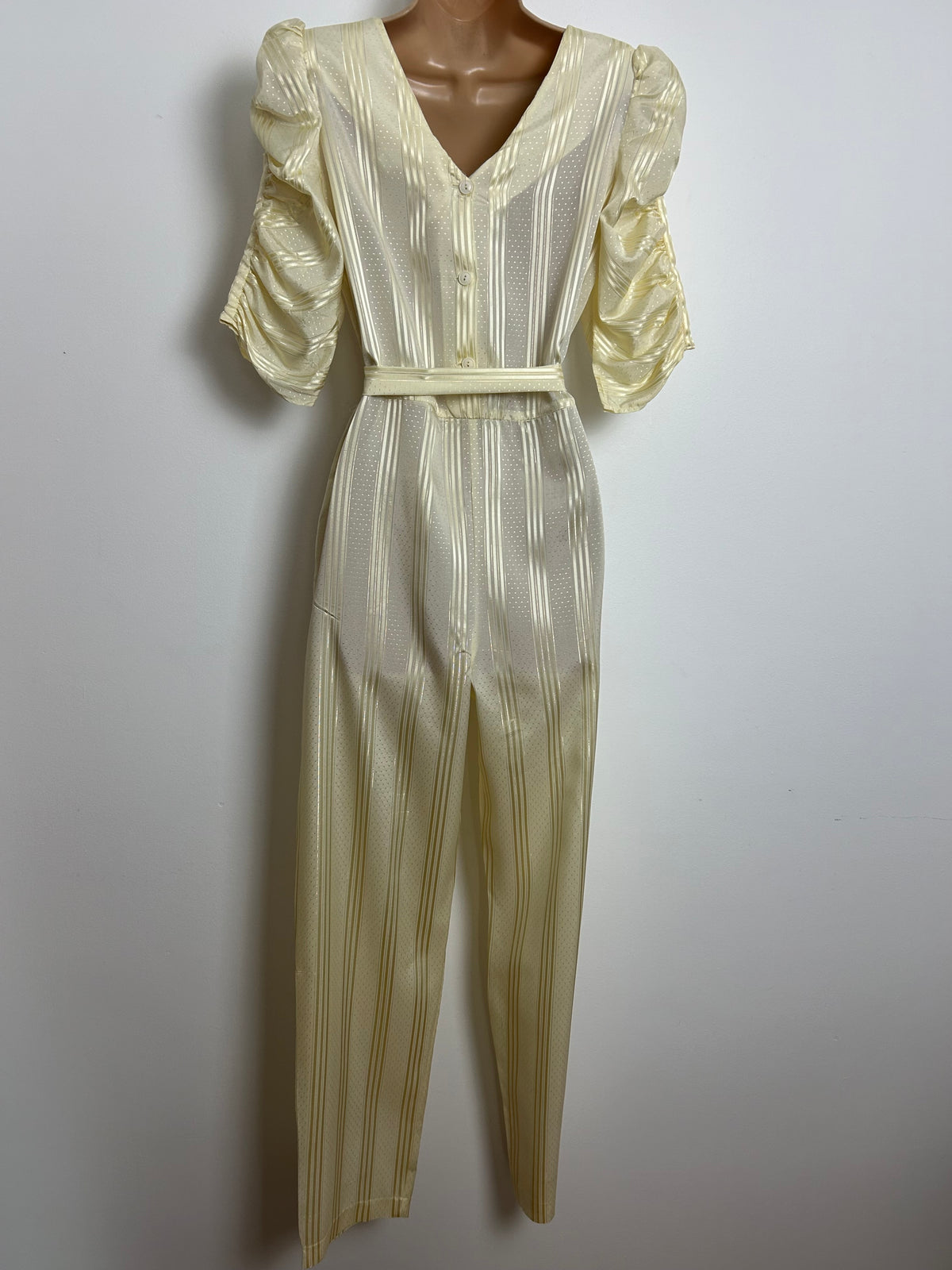 Vintage 1980s Size 8-10 Cream Stripe & Spot Pattern Belted Ruched Sleeve Jumpsuit