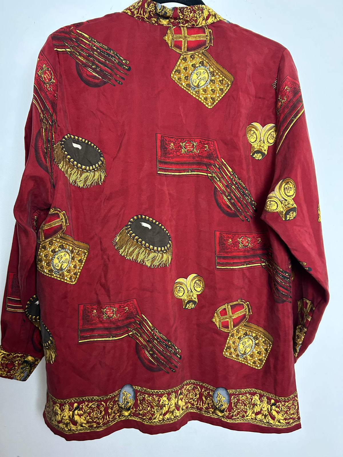 Vintage 1980s INTERCHIC Size 14-16 Maroon Baroque Print 100% Silk Shirt